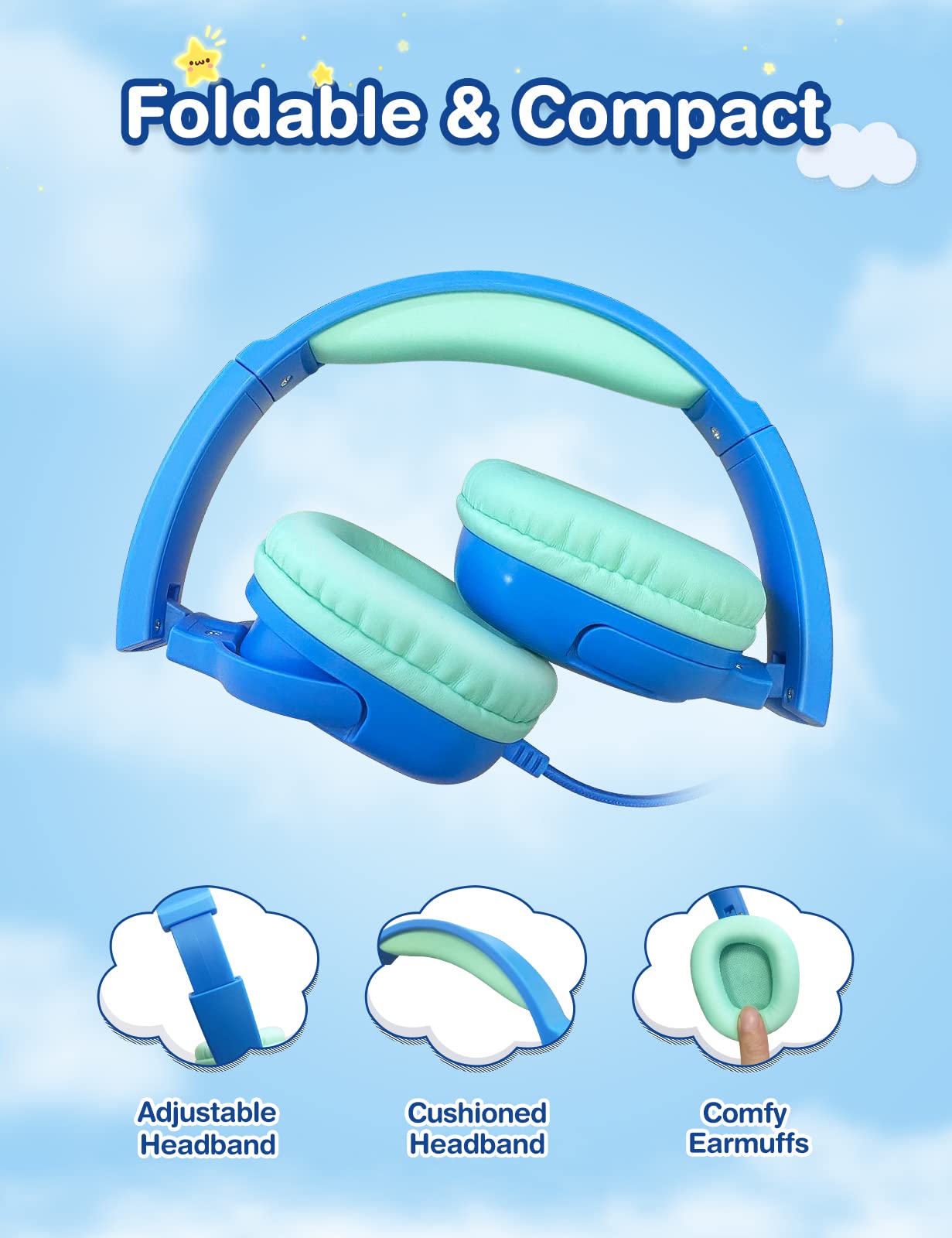 Auriculares para niños con cable, auriculares para niños con micrófono para niños y niñas, volumen limitado de 85 dB/94 dB, auriculares plegables para niños pequeños para escuela, avión, 4