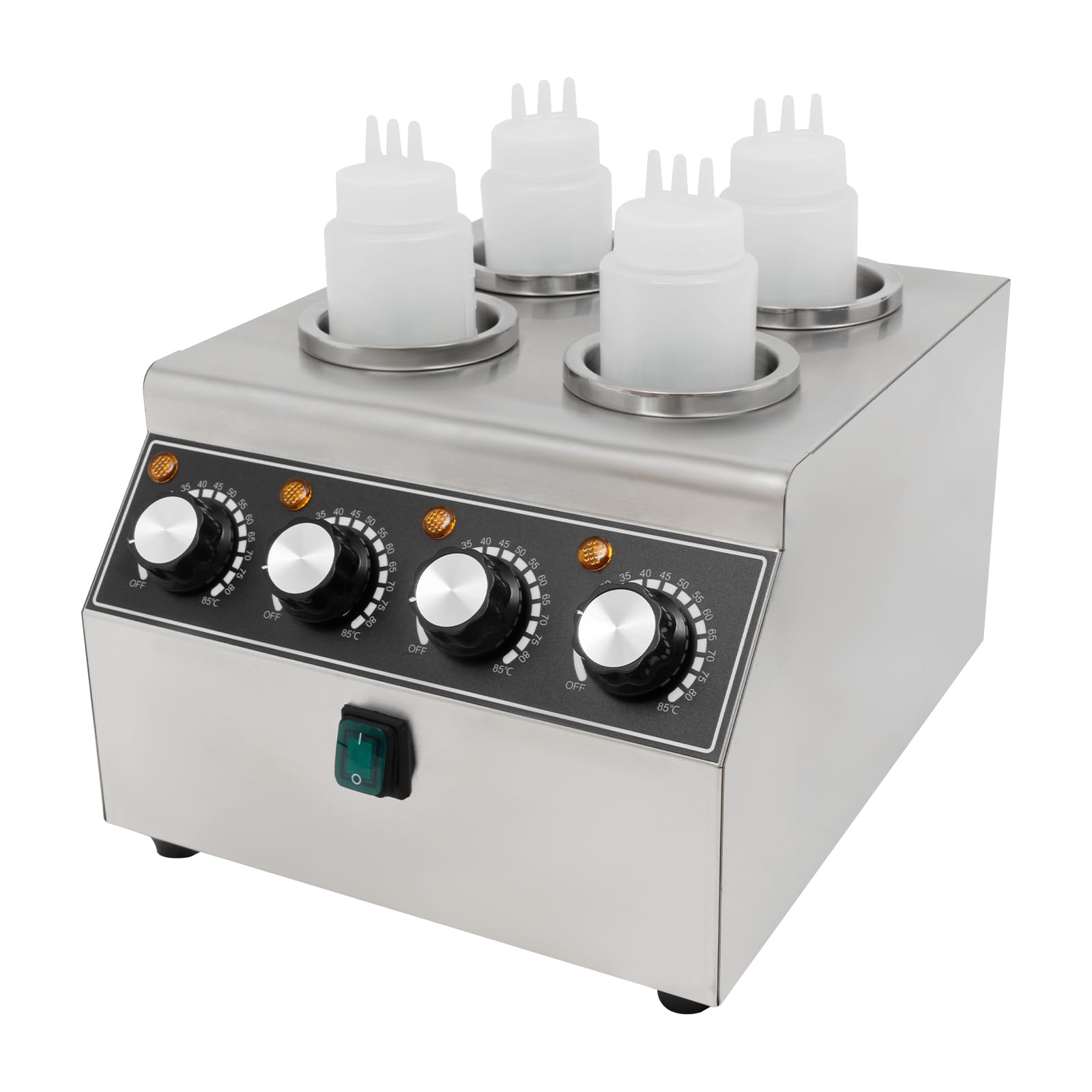 Calentador de salsas eléctrico, 800 W, con 4 botellas de PVC, máquina de calentamiento de salsas de acero inoxidable, 30-85 ℃, para mantener diferentes salsas calientes