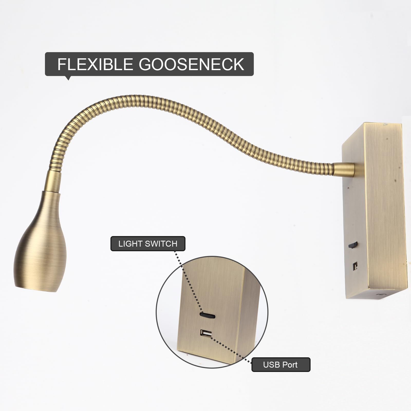 Meanyee Wall Mount Reading Lights Gooseneck Bedside lamp with Switch/USB Charge Port/Adjustable / 3W 3000K / Bronze Finish/MY-WN198T