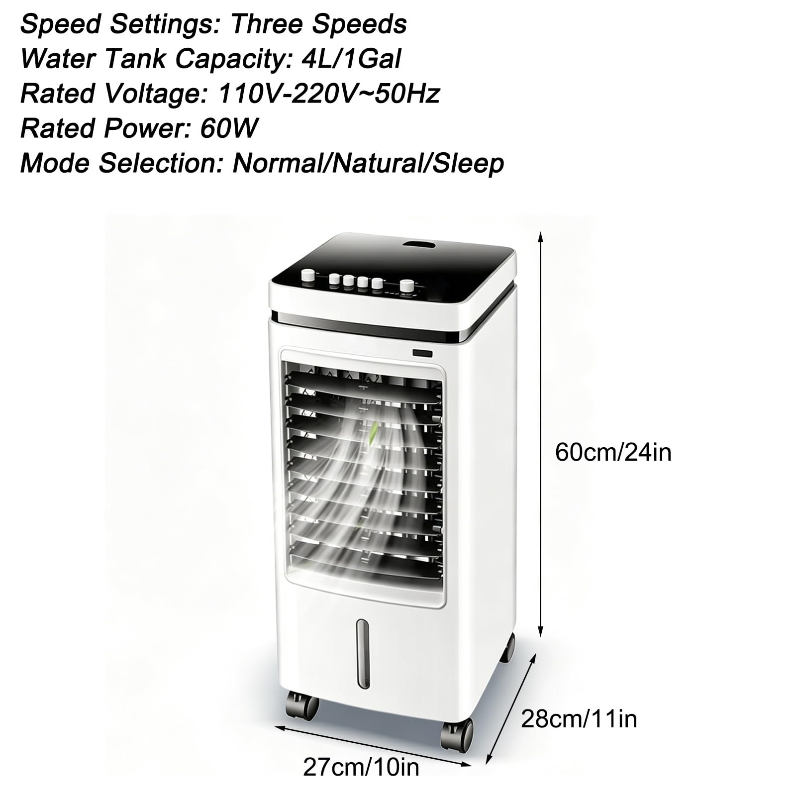 Przenośny Klimatyzator z 6 Wkładami Chłodzącymi 60 W 3 Prędkości Zbiornik na Wodę 4 L Oscylacja 60° 110-220 V do Salonu Sypialni Biura Kuchni 27 X 28 X 60cm