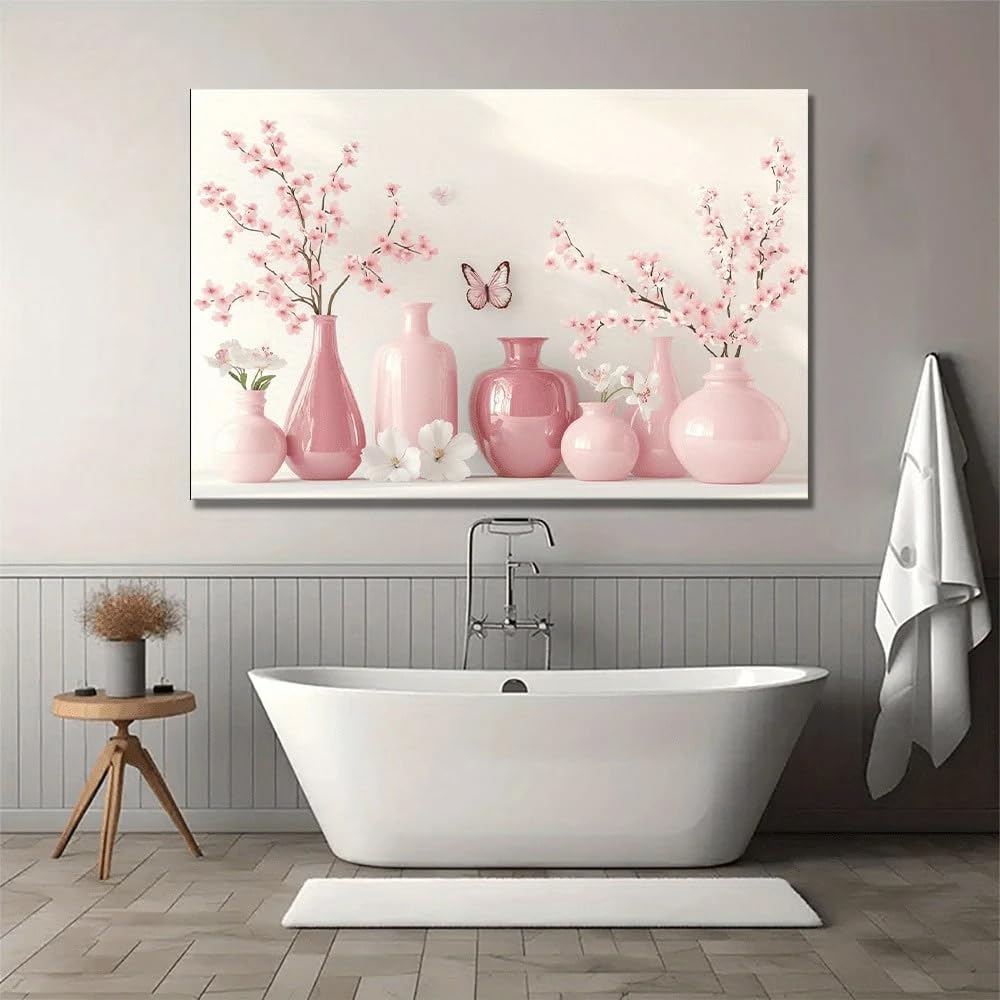 1 lienzo decorativo de pared con diseño de jarrón de cristal rosa y arreglo floral, ideal para la decoración de la sala de estar, el baño o la cocina (50x70cm/Sin marco).
