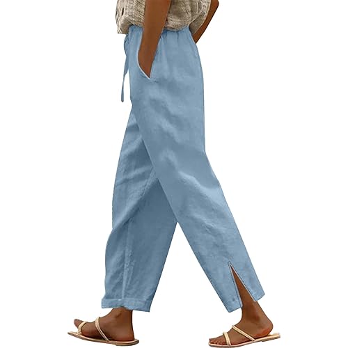 Linen Pants for Women 2025 Summer Elastic High Waist Split Hem Pants Casual Loose Fit Drawstring Trousers with Pocket