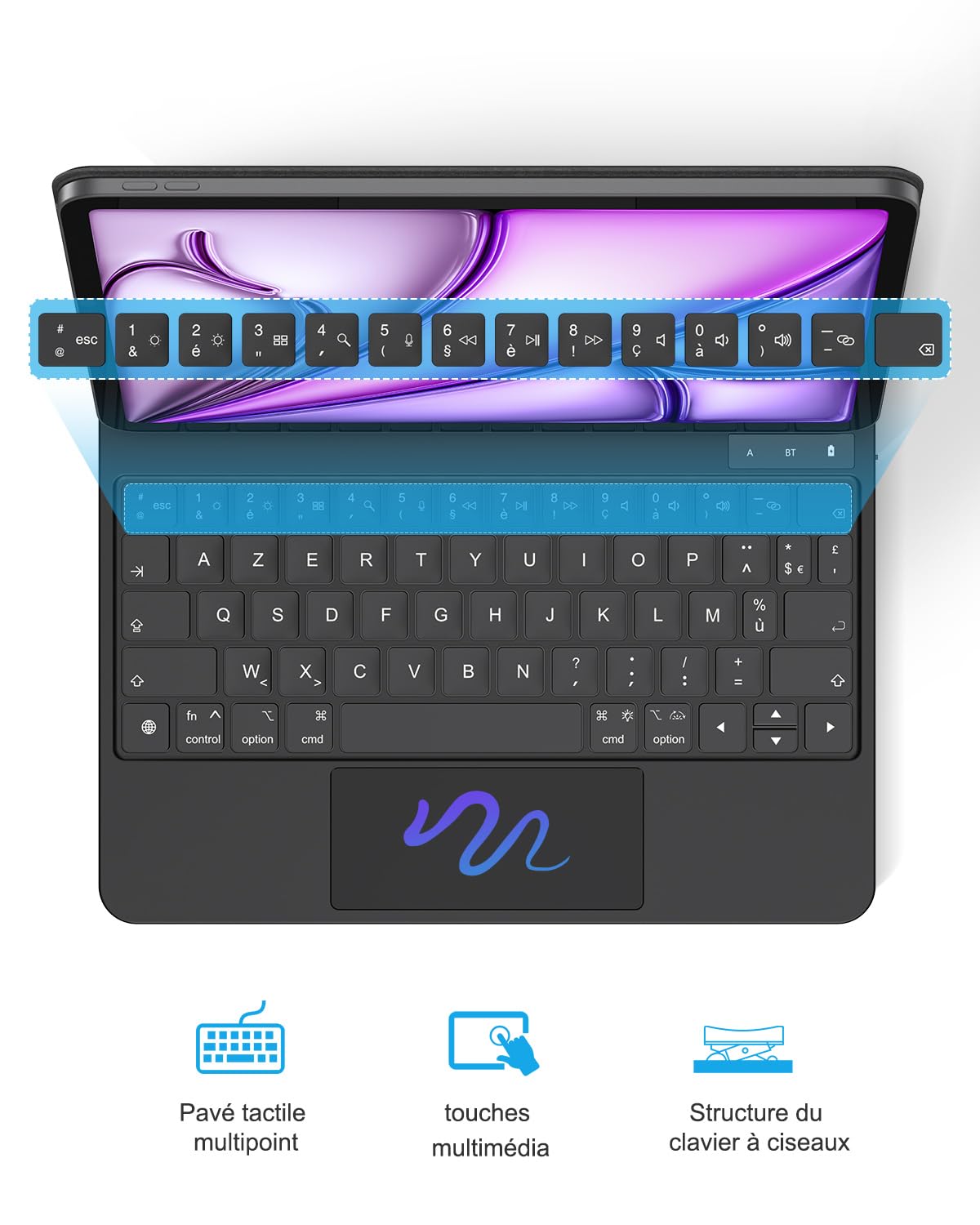 TECURS Étui Clavier Magnétique pour iPad Air 11" (M4/M3/M2, 2026/2025/2024)/ Air 5 2022/ Pro 11" (4/3/2/1 Gen) Air 4 2020 Multi-Touch, Support flottant à cantilever, rétroéclairage blanc, AZERTY, Noir