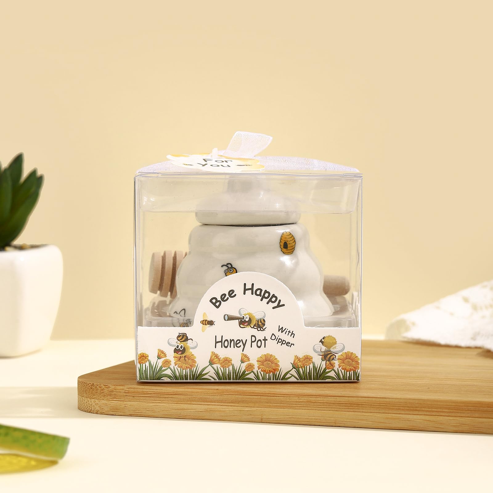 12 Sets Ceramic Bee-Happy Honey Pot with Dipper，Honey Jar Serving Set with Exquisiting Package for Wedding Favor,Bridal Shower Favor, Baby Shower Favor，Party Favor (12)
