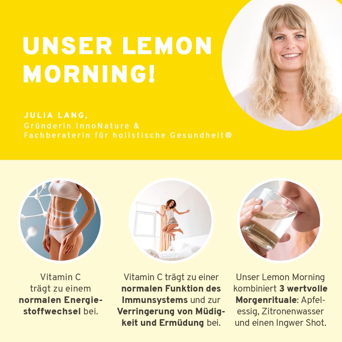 InnoNature Bio Lemon Morning® I Stoffwechseldrink mit Vitamin C, Getränkepulver aus Zitrone, Ingwer, Acerola und Apfelessig I 150g, Vegan ohne Zusatzstoffe