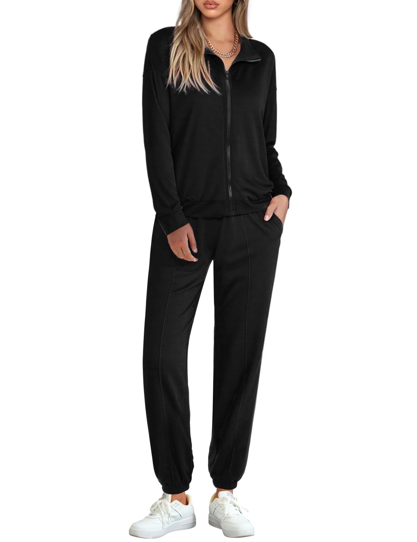 Terecey Jogginganzug Damen Langarm Trainingsanzug Freizeitanzug Lässig Hausanzug Set Zweiteiler Reißverschluss und Taschen Jacke und Kordelzug Lang Hose Set für Sport FitnessTraining S-XXL