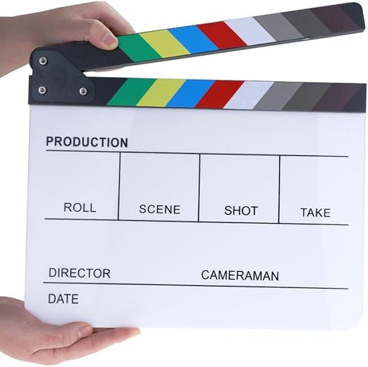 Professional Movie Directors Clapboard, Photography Studio Video TV Acrylic Clapper Board Dry Erase Film Slate Cut Action Scene Clapper with Color Sticks 9.6x11.7 inch/25x30cm, White