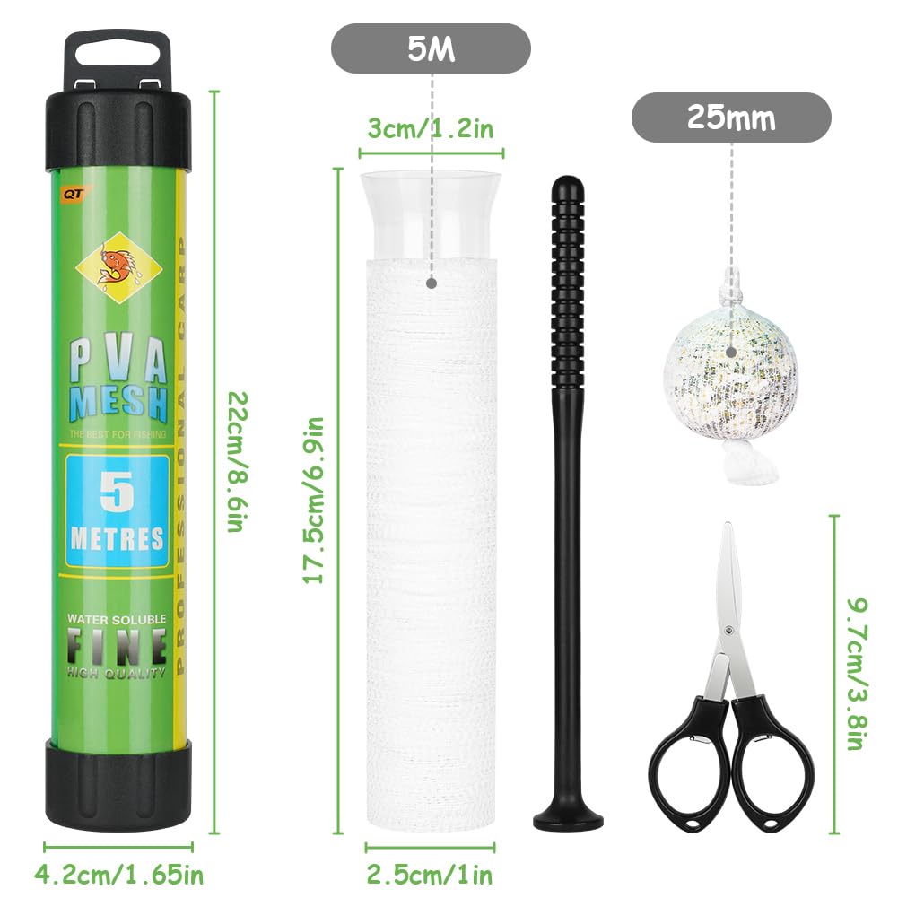 OFFCUP 5m Pêche Sacs Filet Bait avec Ciseaux, Filet de Pêche Soluble dans l'eau PVA,18mm 25mm 37 mm de Large, Accessoires de pêche à la Carpe Recharge avec Entonnoir et Piston Mesh pour Appâts
