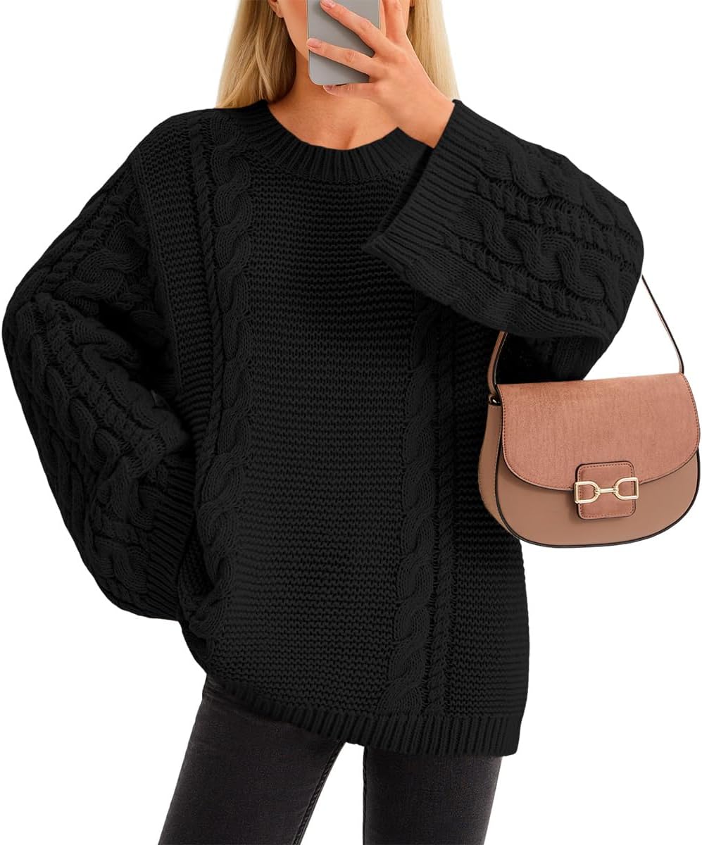 Yousify Womens Oversized Cable Knit Sweaters Long Sleeve Crewneck Casual Fall Chunky Pullover Vintage Loose Fit Sweater Tops
