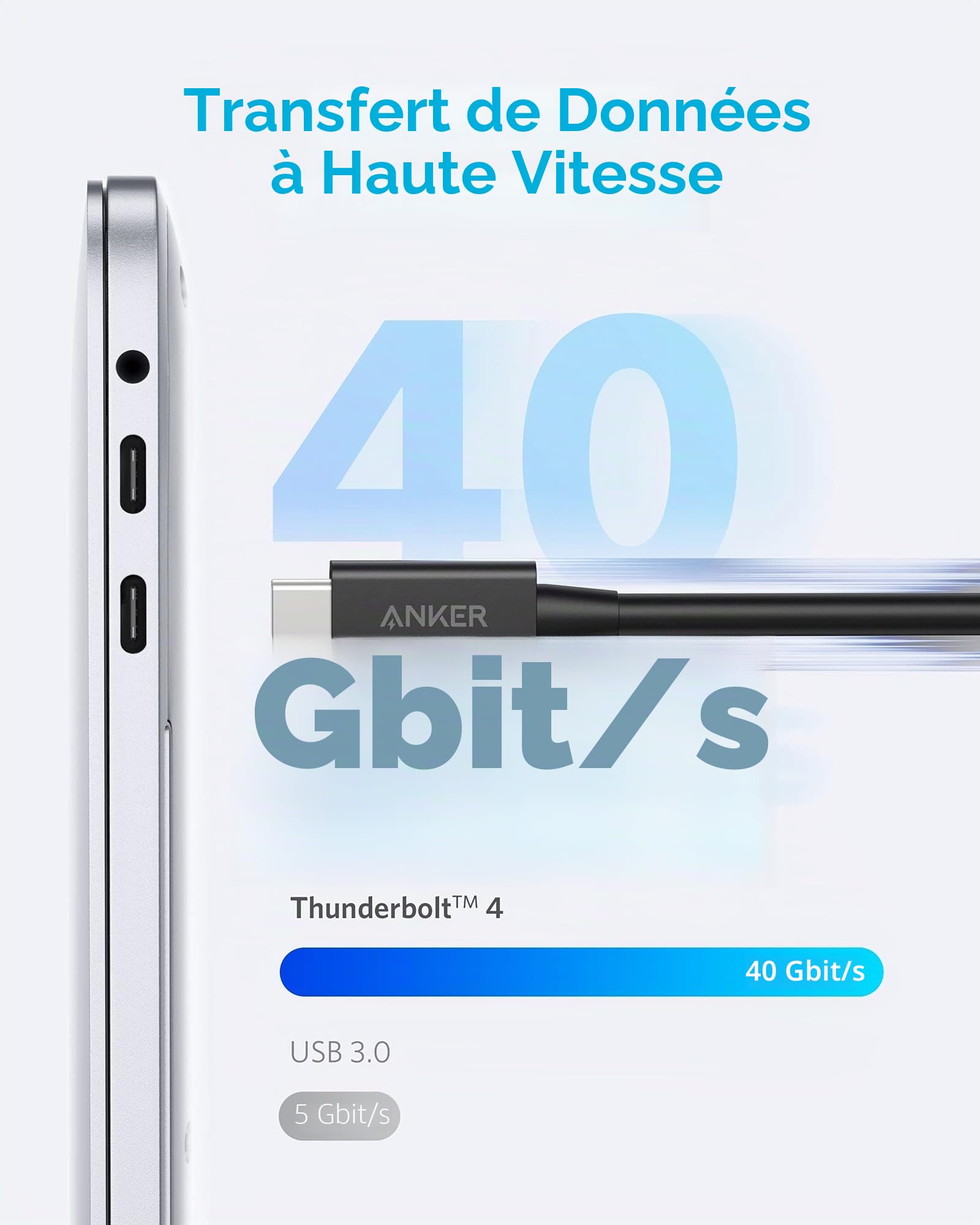 Anker Câble Thunderbolt 4, 100W USB-C vers USB-C, Affichage 8K/Transfert de Données 40 Gbit/s, iPhone 16/15/14, MacBook, iPad Pro, concentrateur, station d'accueil Type-C(0,7m)