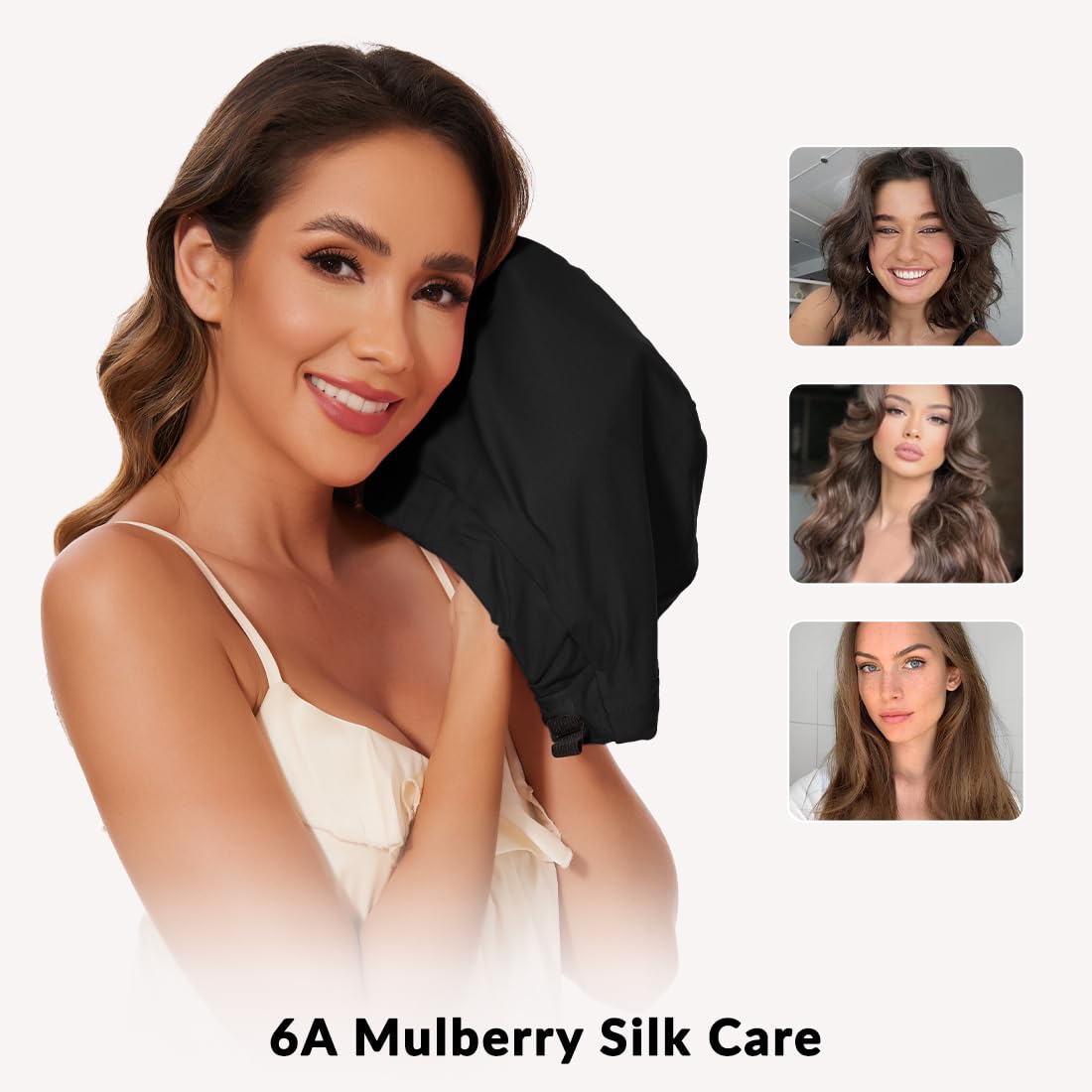 Bonnet de nuit en 100 % soie de mûrier pour femme - Bonnet de nuit en soie avec fermeture réglable - Bonnet souple à doublure en soie pour boucles et cheveux longs - Noir