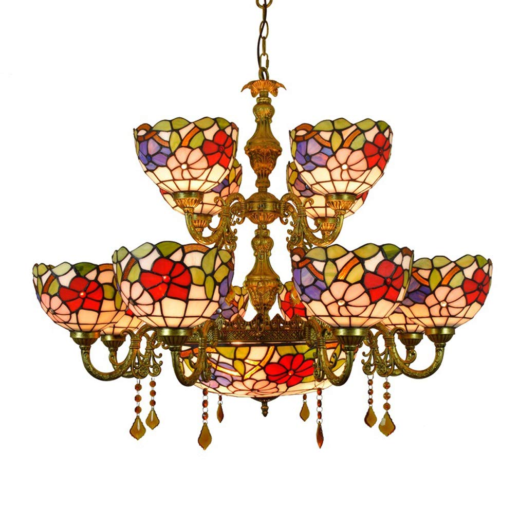 YNIYUJKL Tiffany-Style Large 2 Tiers Ceiling Lamps Chandelier, Stained Glass Morning Glory Crystal Many Arms Pendant Lights Fixtures, For Dining Room, Hotel, Stairway