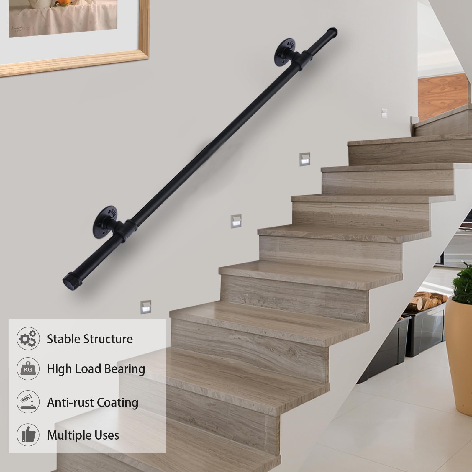 AMLOOPH Banister Handrails for Stairs 1m Hand Rails, Black Bannister Rail, Wall Mounted Stair Banister With Fittings - Image 2