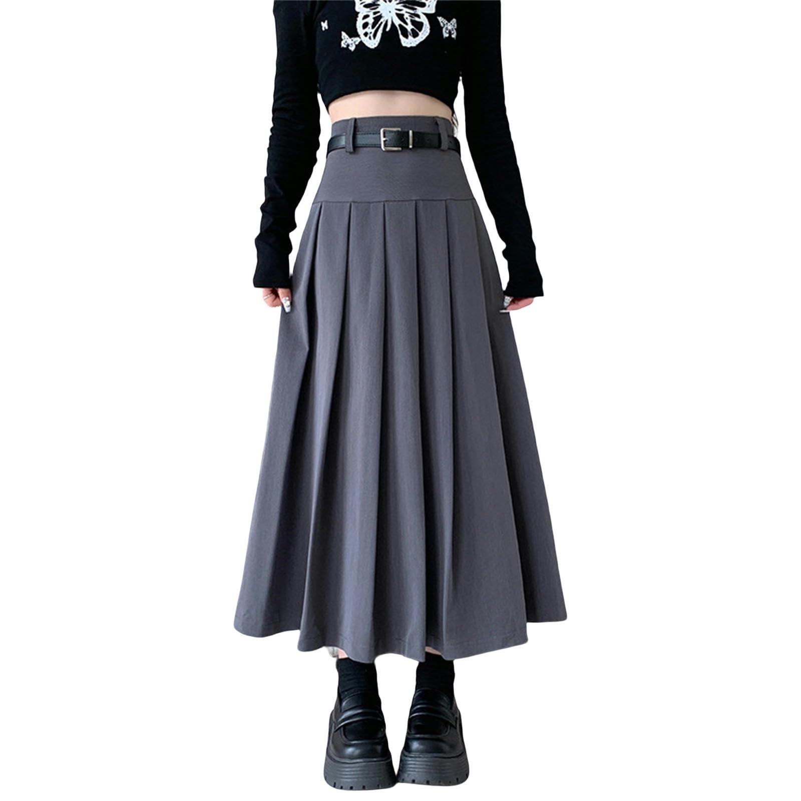 Strickrock Damen Herbst Und Winter Frauen Halbrock Vielseitiger Faltenrock Hohe Taille Große Swing A-Linie Rock Mittlere Länge Rock-grau-l