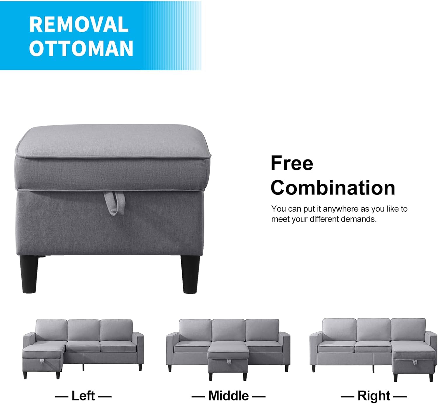 Diagram showing different configurations of the sofa set with the movable ottoman
