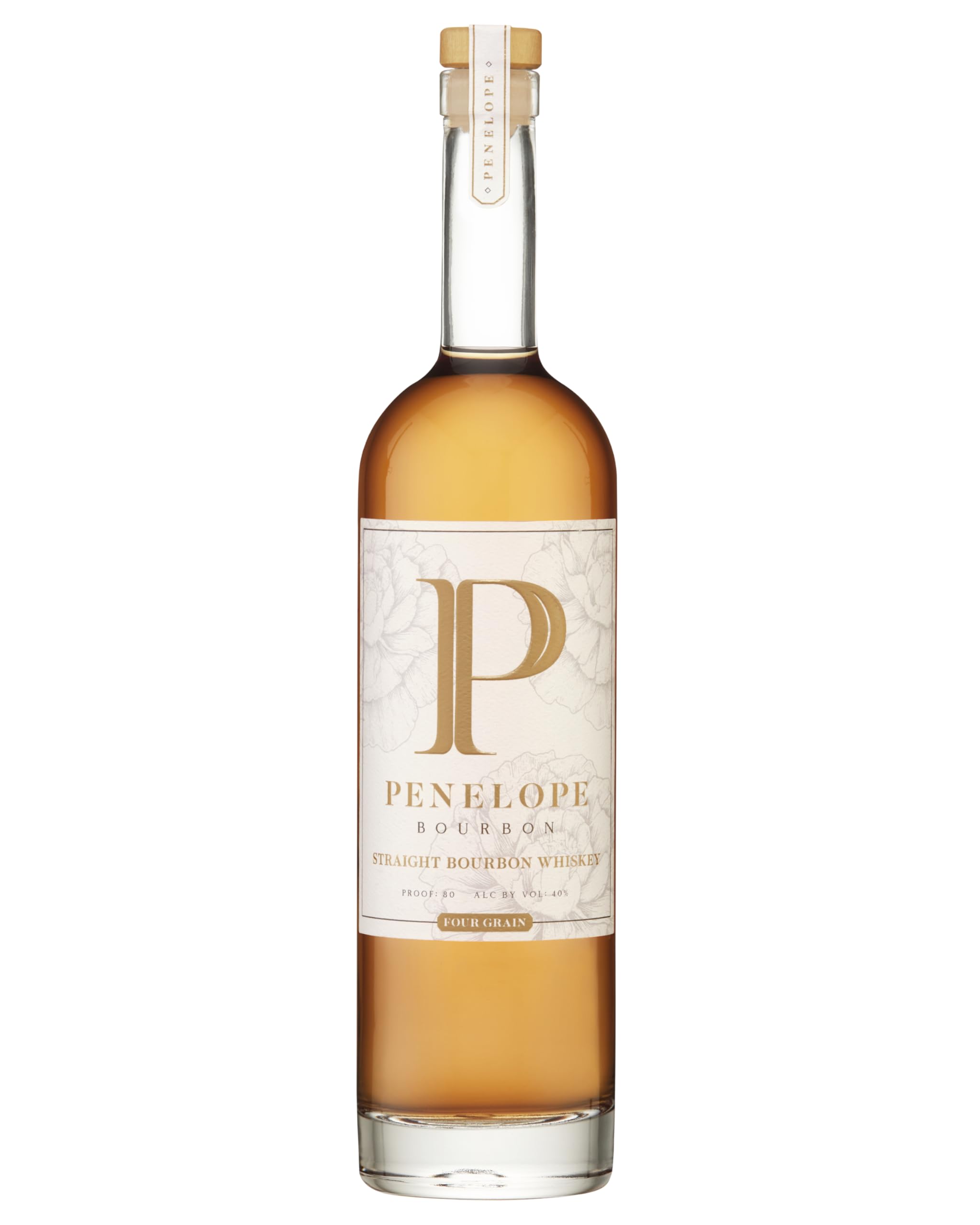 Penelope Four Grain Straight Bourbon Whiskey, uniquely blended from three bourbon mash bills, smooth for sipping or mixing, ABV 40%, 750 ML