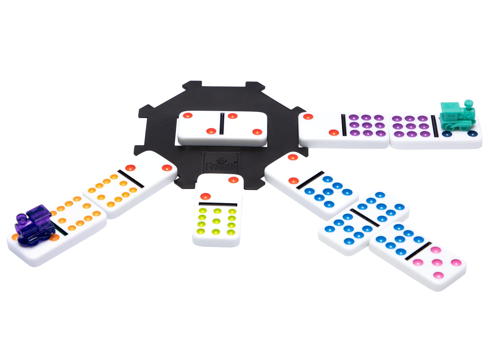 Pressman Meksykańskie domino kolejowe - piękny kolorowy zestaw podwójnych 12 domino - zawiera znaczniki pociągów i piastę, wielokolorowe, 12,7 cm