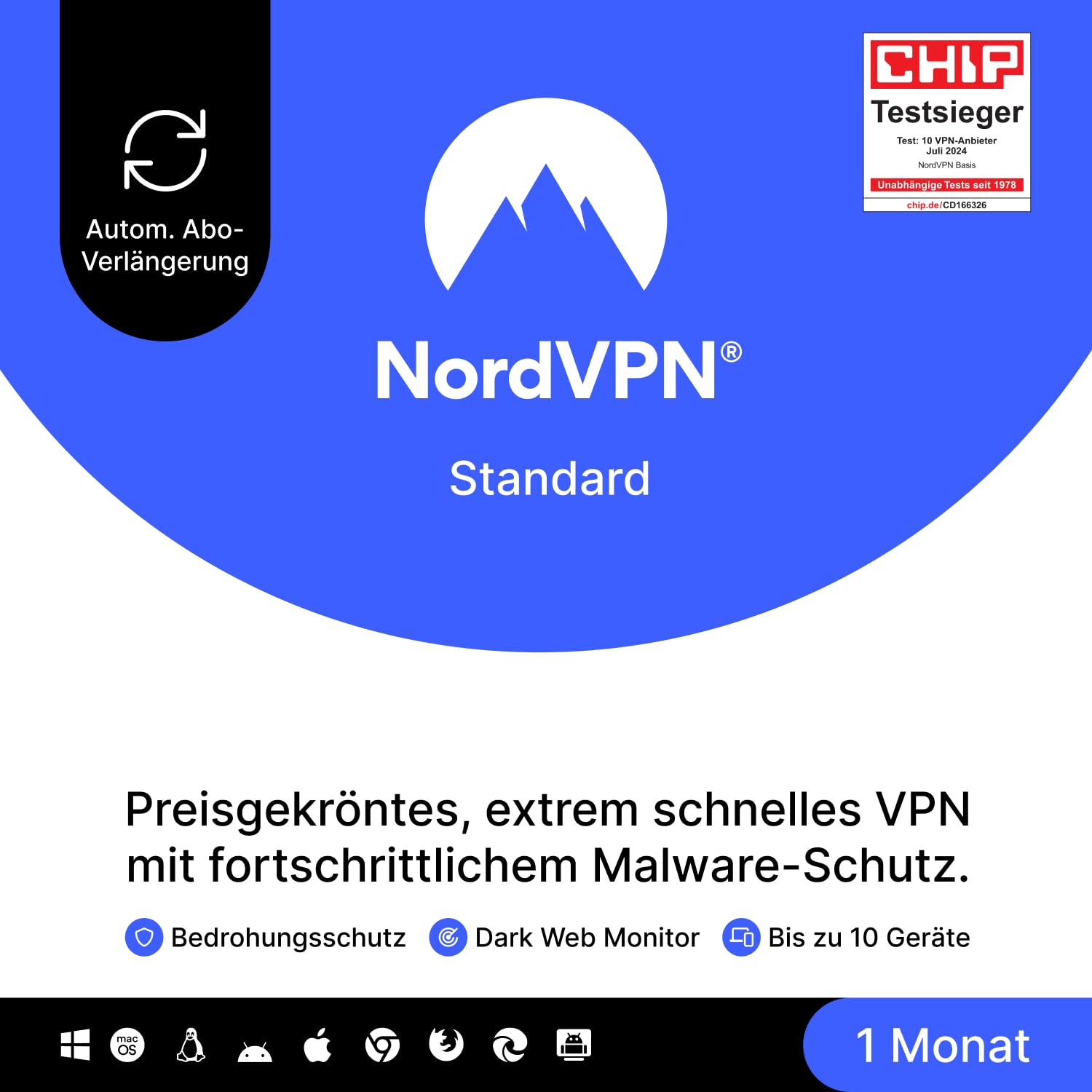 NordVPN Standard, 10 Geräte, 1 Monat, VPN & Cybersicherheit, Amazon Abonnements