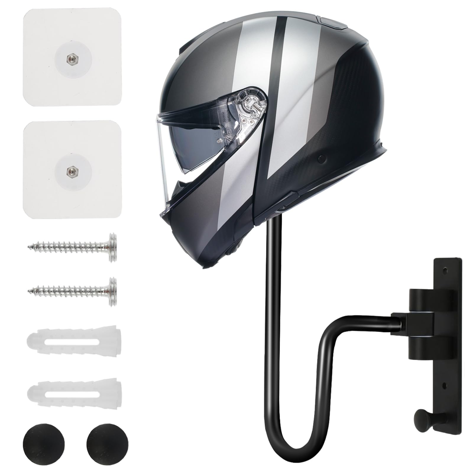 Tcwhniev Wall Mount 180 Degree Rotation Motorcycle Helmet Rack Helmet Holder with One Hook Well Support Helmets Holder Enduring Easy to Install Display Hanger Stand(Black)