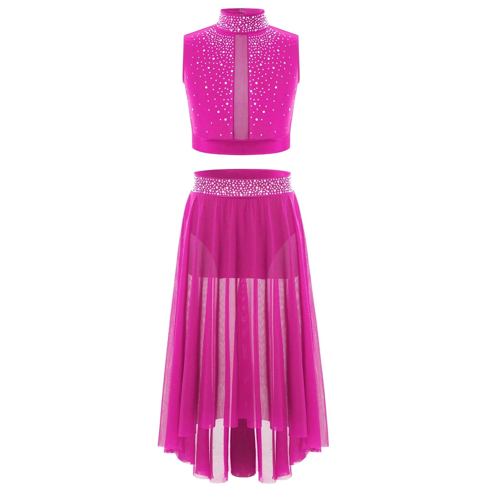 Disfraz Gimnasta NiñA Ropa de baile moderna for niñas, atuendo de baile lírico, traje de patinaje artístico de ballet, top corto sin mangas con diamantes de imitación y falda de malla(Pink,16)