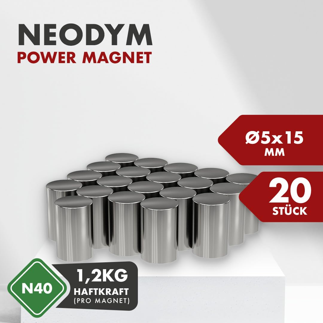 MTS Magnete - Juego de 20 imanes de neodimio (1,2 kg, extra fuertes, diámetro de 5 x 15 mm, 20 unidades), color plateado