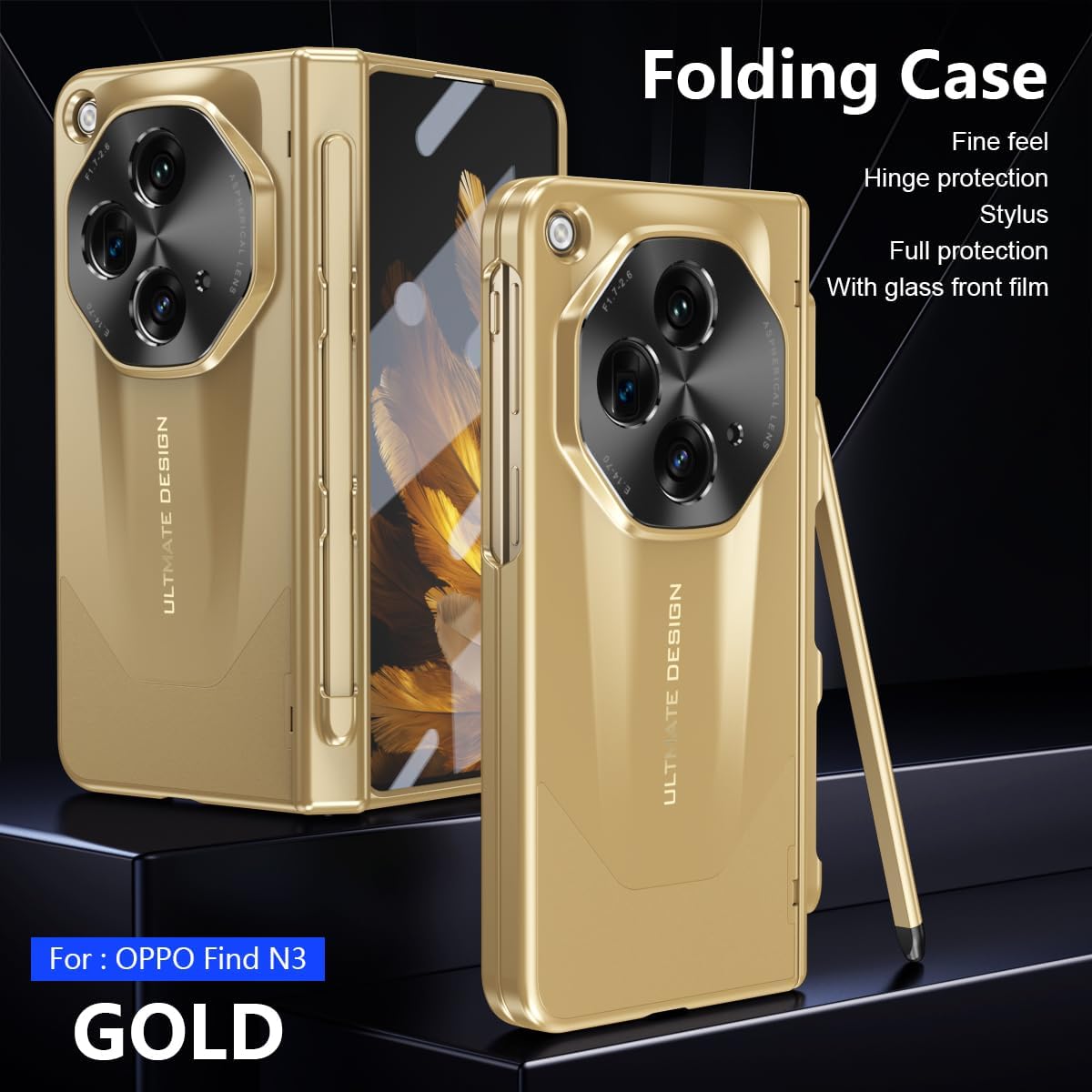 Phone Case Compatible with Oppo Find N3 Case, Protective Case, Rugged Full-Body Cover with Screen Protector and S-Pen Slot Compatible with Oppo Find N3 (Gold)