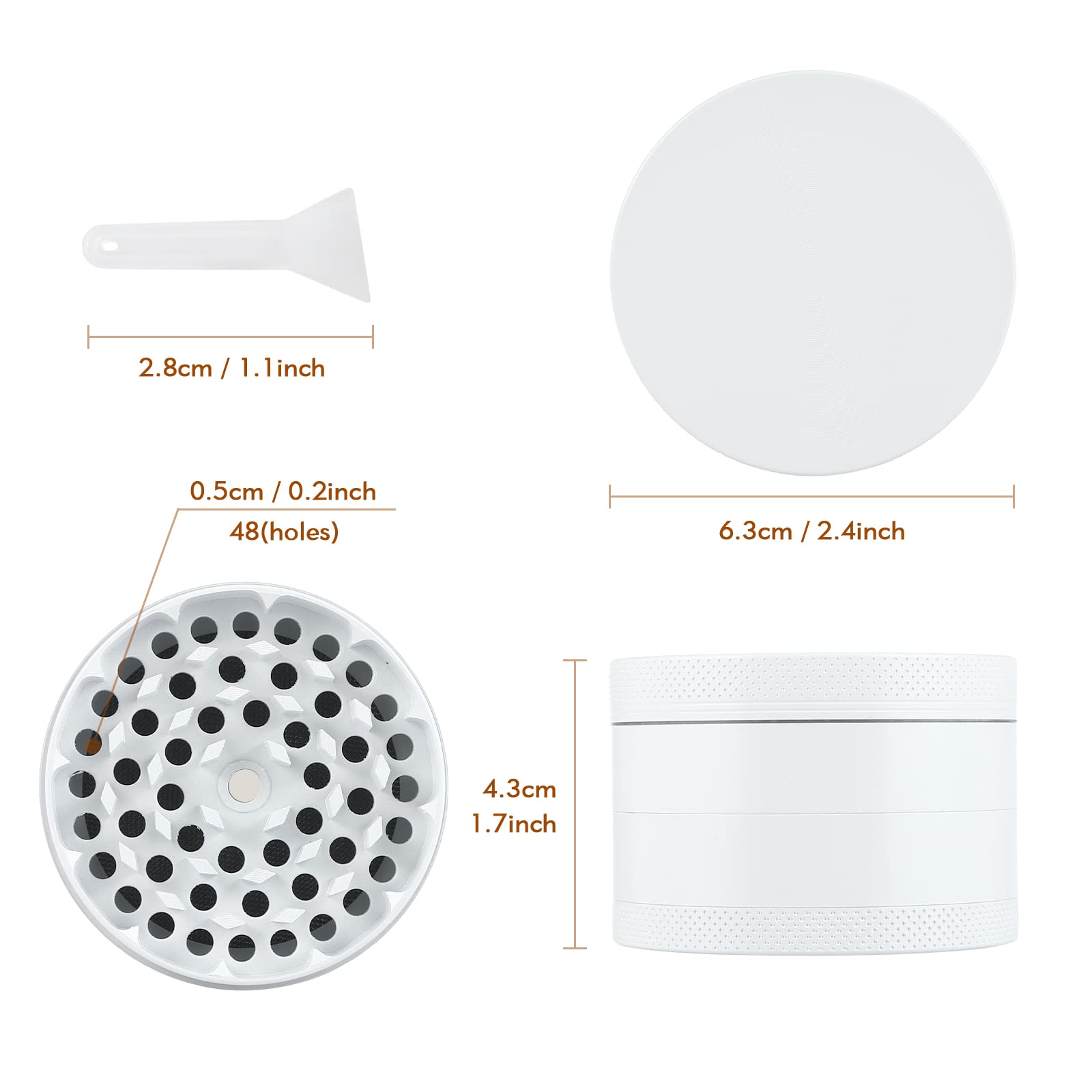 Golden Bell Grinder Keramik-Weiß Crusher 4-Teiliges Set Mühle mit Pollen Scraper für Spice Kräuter Gewürze Herb Krautmühle als Geschenk für Vater Freund Mann (63mm, Weiß)