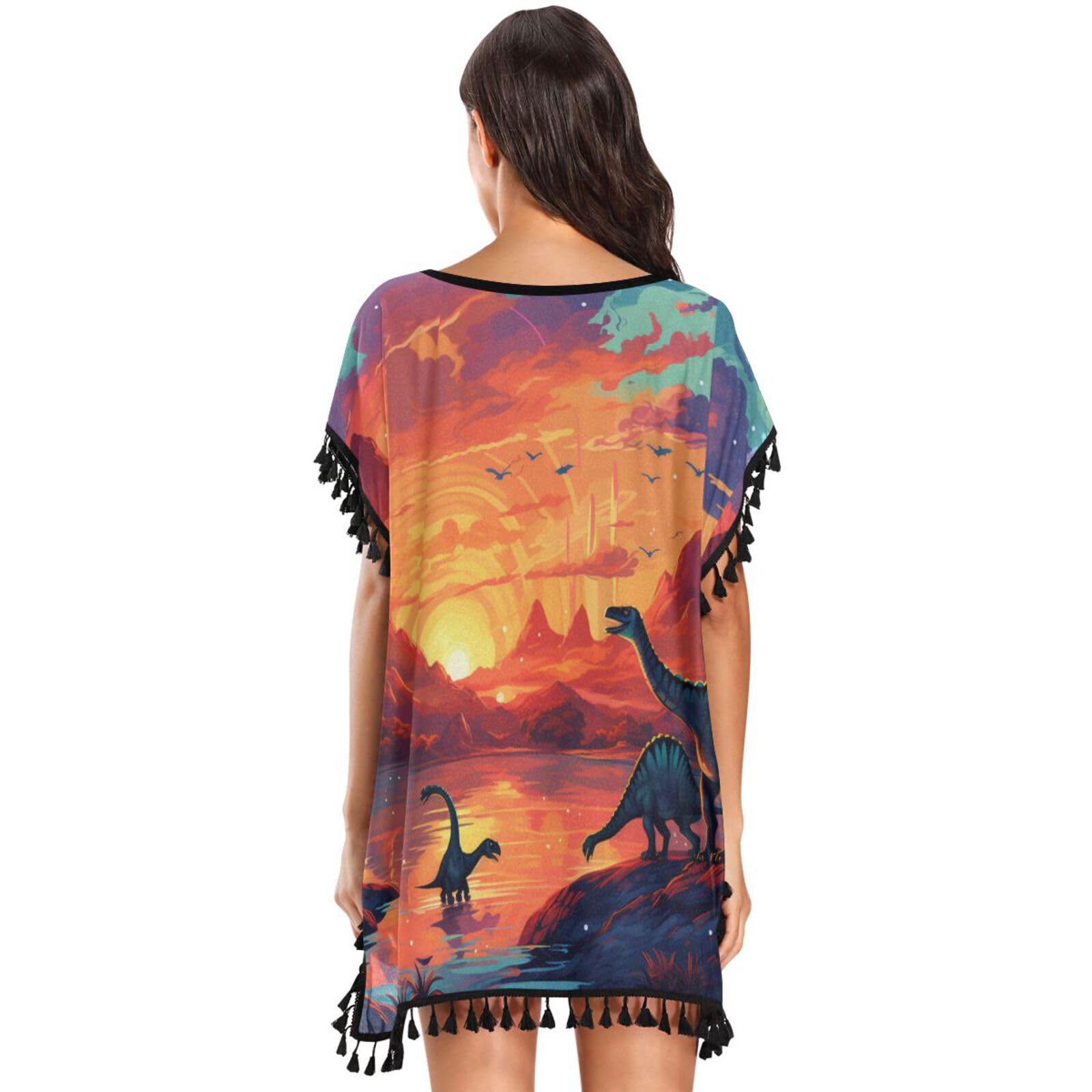 Sunset Gradient Art Dinosaurs Women's Beach Cover Up Chiffon Tassel Swimwear Swimsuit Coverups for Girl