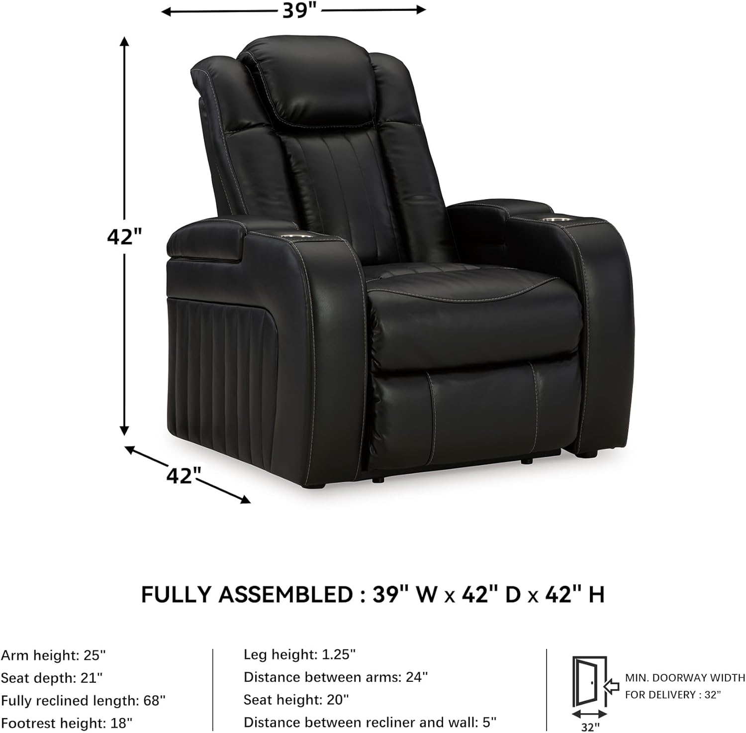 Signature Design by Ashley Caveman Den Modern Faux Leather Wall Hugger Power Recliner with Adjustable Headrest, Storage, Wireless, USB Ports and LED Lights, Black