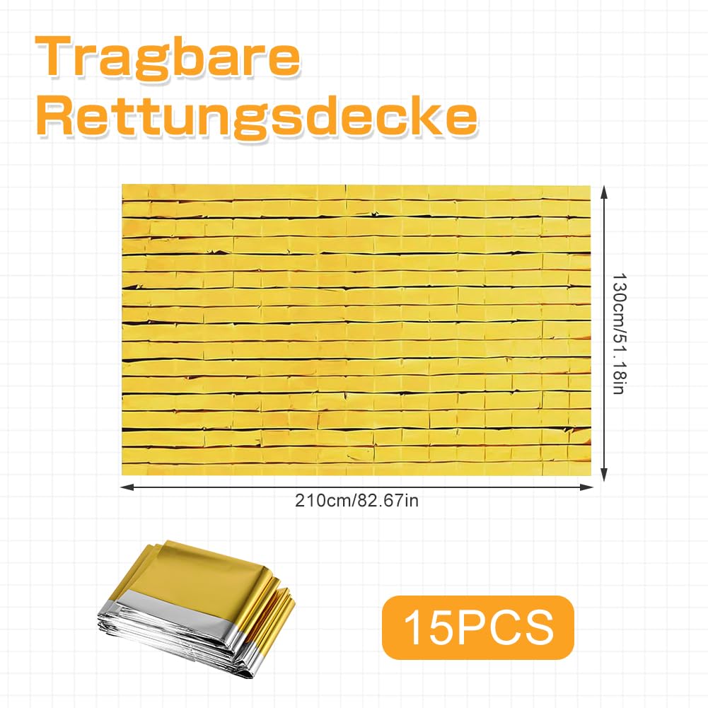 Lot de 15 couvertures de survie doré/argenté - 210 x 130 cm - Couverture de survie d'urgence - Couverture chauffante pour les situations d'urgence et les conditions météorologiques - 15 x