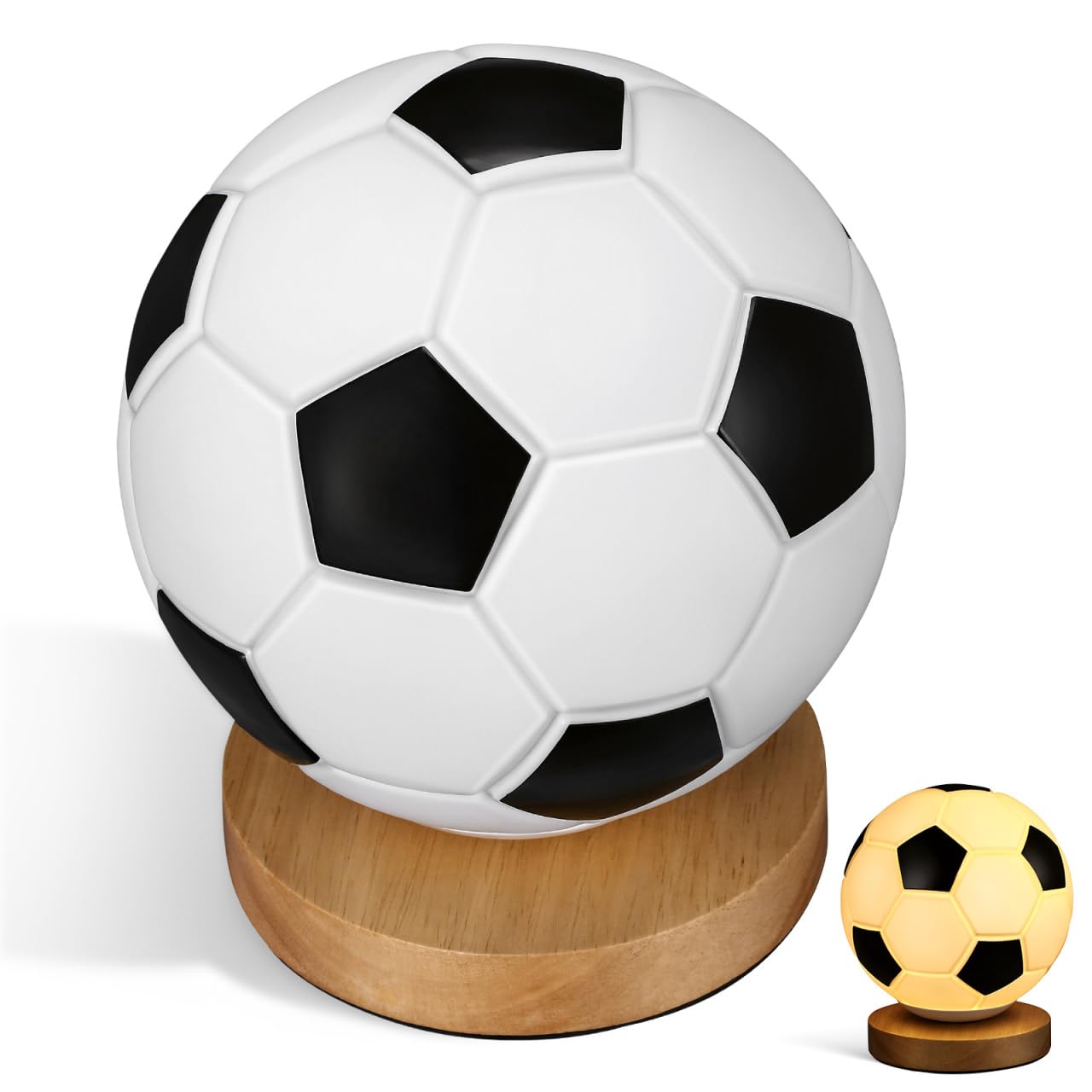 Luxshiny 3D Glass Football Table Lamp, Dimmable LED Night Light with Wood Base, USB Powered Sports Desk Lamp, Soccer Decor Gift for Boys Kids
