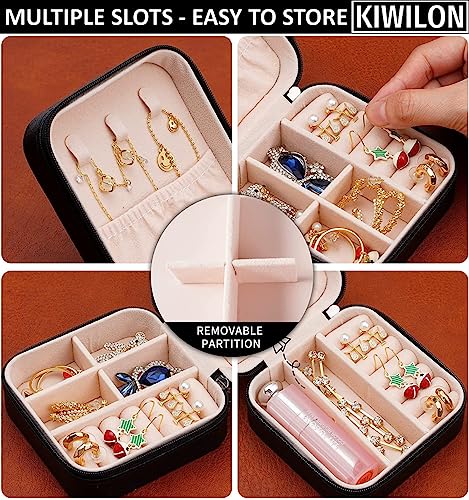 Image of 14 Slots Travel Jewelry Organizer Box for Women | Jewellery Storage Case with Ring Holder, Necklace Hooks & Removable Dividers | Mini Vanity Box for Earrings, Rings & Accessories - Black