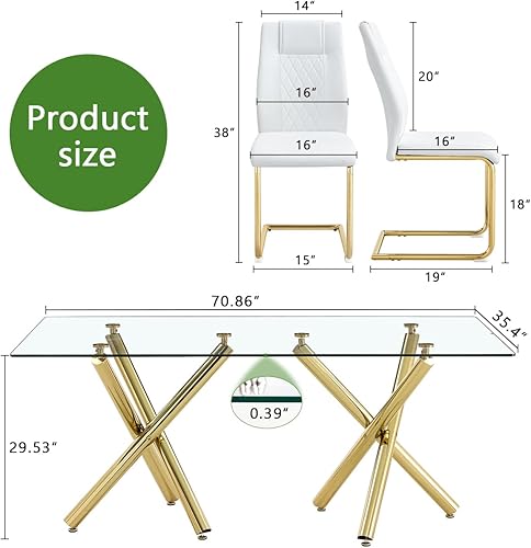 Miniatura 3 de Ebullient Moderno juego de mesa de comedor para 6, mesa de comedor de cristal de 71 pulgadas y patas de mesa de metal dorado, mesas de comedor Mesa