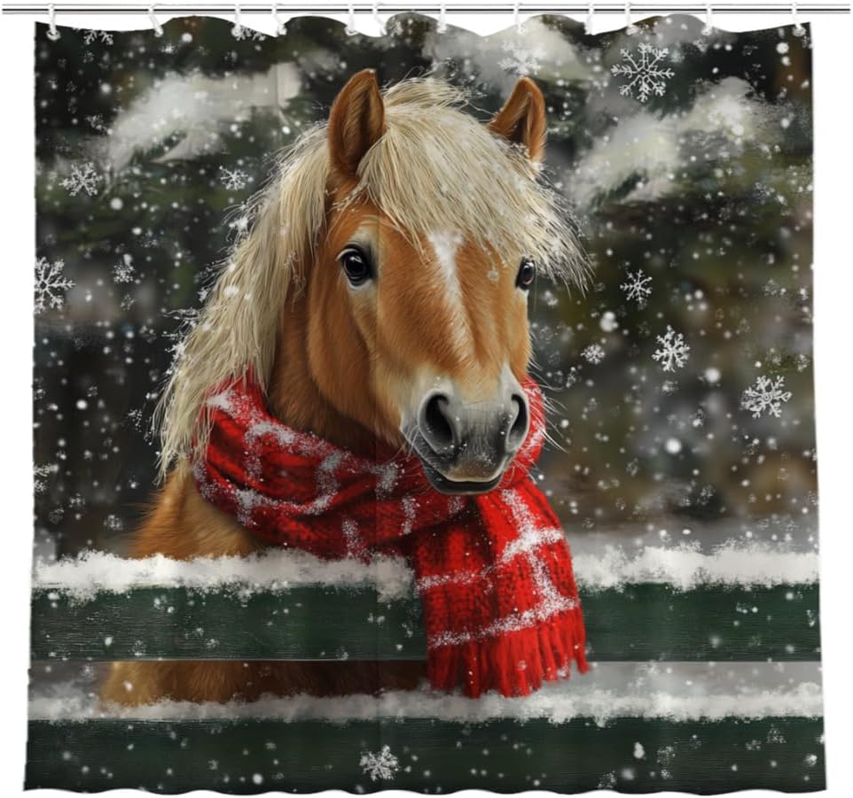 72x72 inch Winter Snowing Horse Shower Curtain Set Christmas Snowflake Forest Bathroom Curtain Durable Waterproof Fabric Bathtub Sets Home Decor
