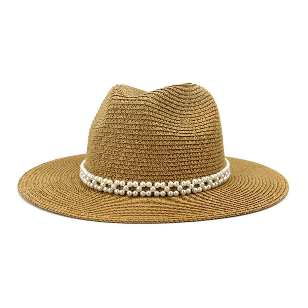 Sombrero de Paja Estilo Trilby de ala Ancha para Playa, Estilo Perla, para Mujer, Estilo Jazz (Blanco, 7 1/8)