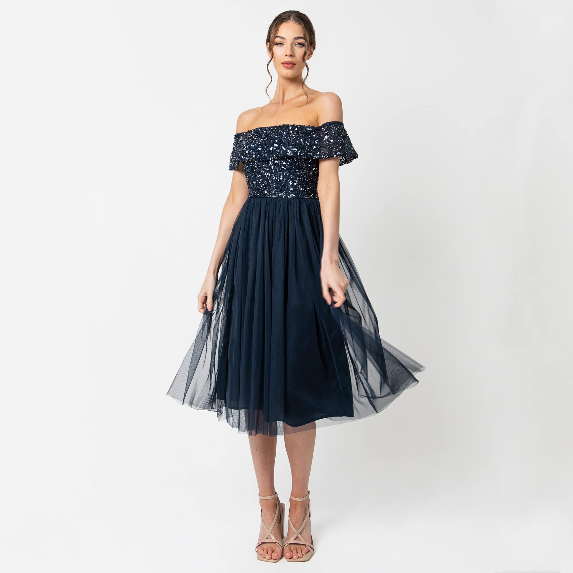 Abendkleid mit Pailletten - Cocktailkleid Damen mit V-Ausschnitt - Tüllkleid Damen mit Kurzen Ärmeln