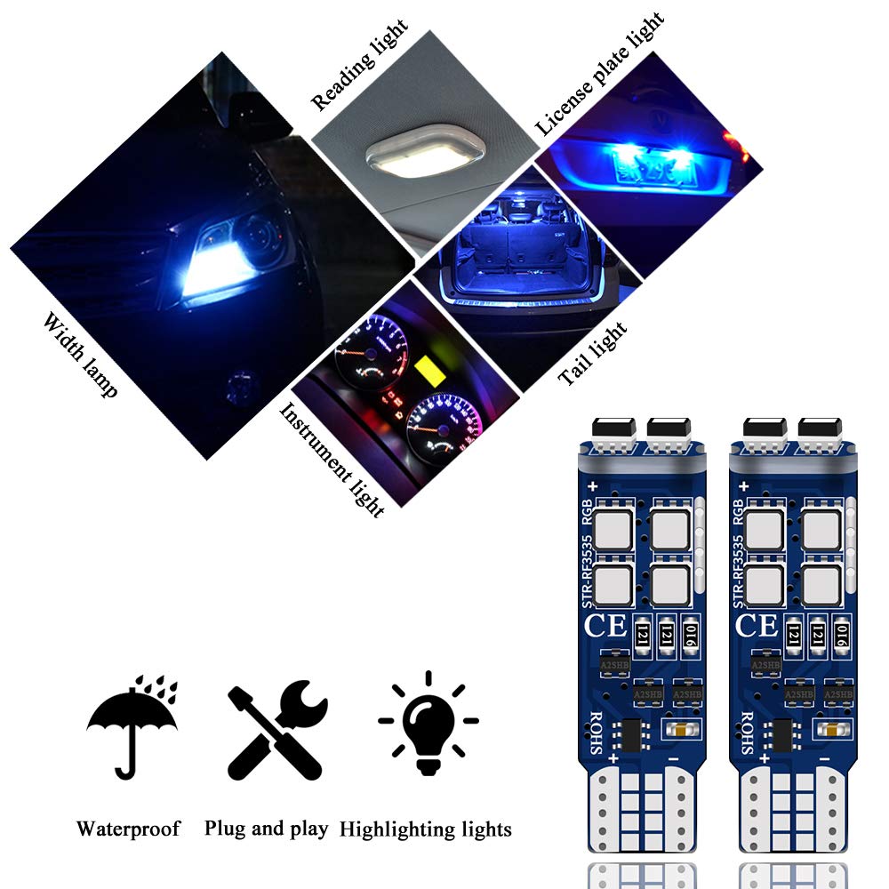 T10 194 W5W 168 3535 10-SMD Żarówki LED RGB, marker boczny, lampy na mapę domową, wnętrze samochodu z pilotem zdalnego sterowania, wskaźnik DC12V, 2 sztuki