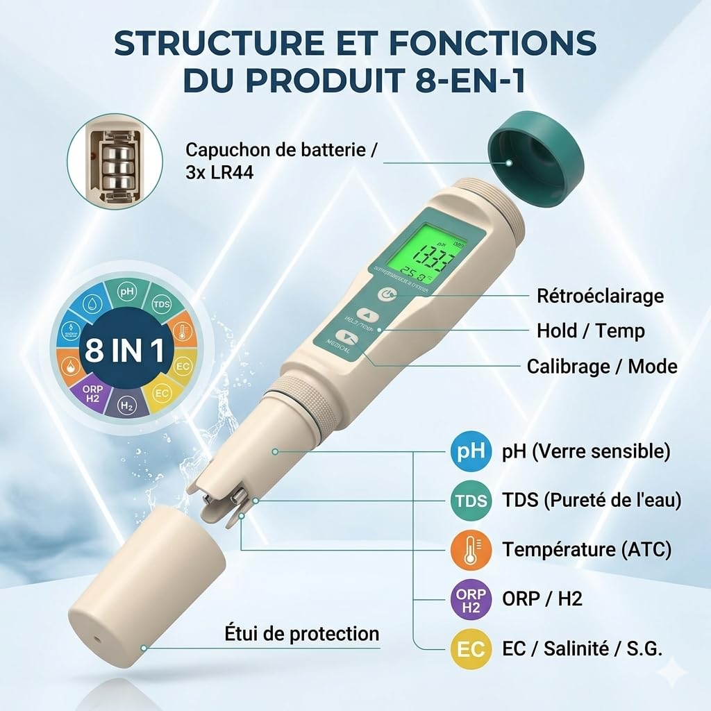 pH Chlore Mètre Piscine 8 EN 1, Tester pH Chlore (FAC) TDS EC Salinité ORP et Température avec ATC, Testeur Qualité Eau étanche IP67, précision élevée pour eau potable, spa, hydroponie