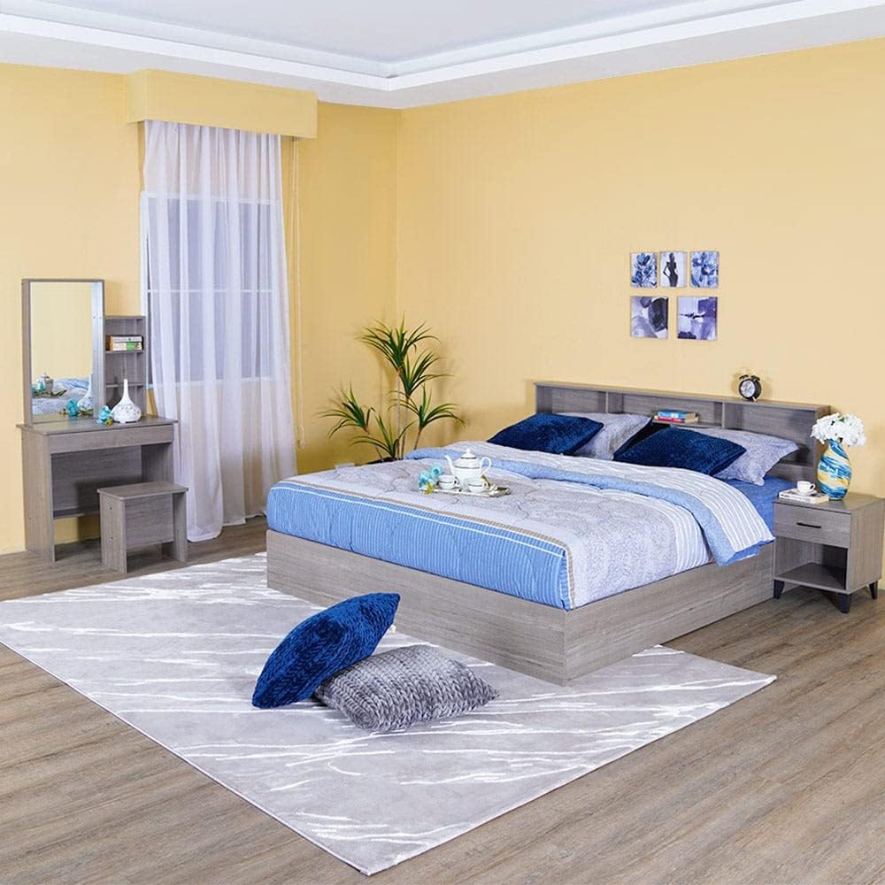 Danube Home Gamorah 5 Pieces Bed Set King Size + Night Stand + Dresser And Stool With Mirror | Comfortable Bedset Full | Sturdy Modern Design Wooden Bed Room Set Furnitures (Warm Grey, King)