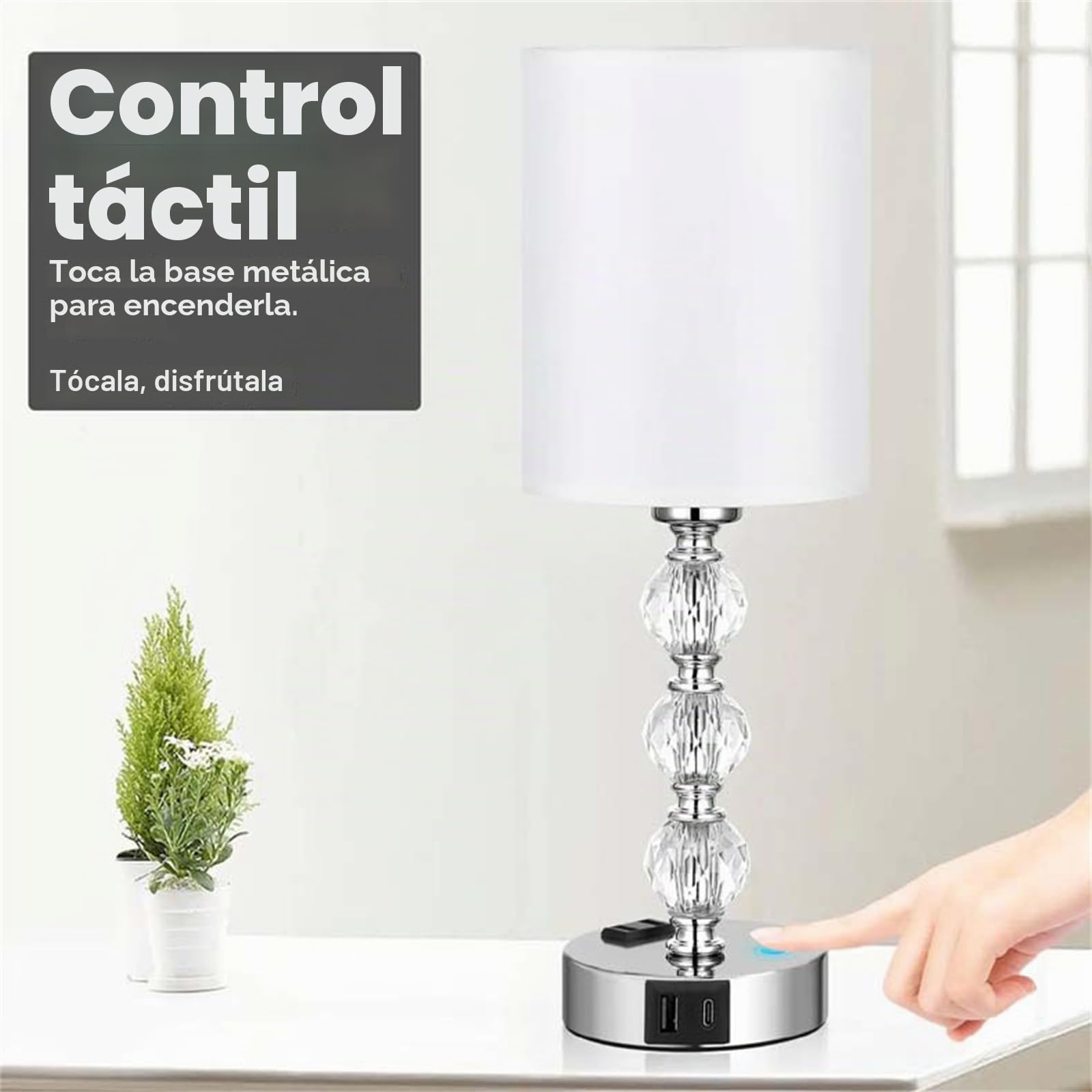 Lámparas de Mesita Regulable Táctil 3 Vías con Bombilla Lámpara de Mesa con Puerto de Carga USB A+C & Toma CA Lámpara de Noche Cristal con Pantalla Blanca Lámpara de Escritorio para Salón (A,2 Piezas)