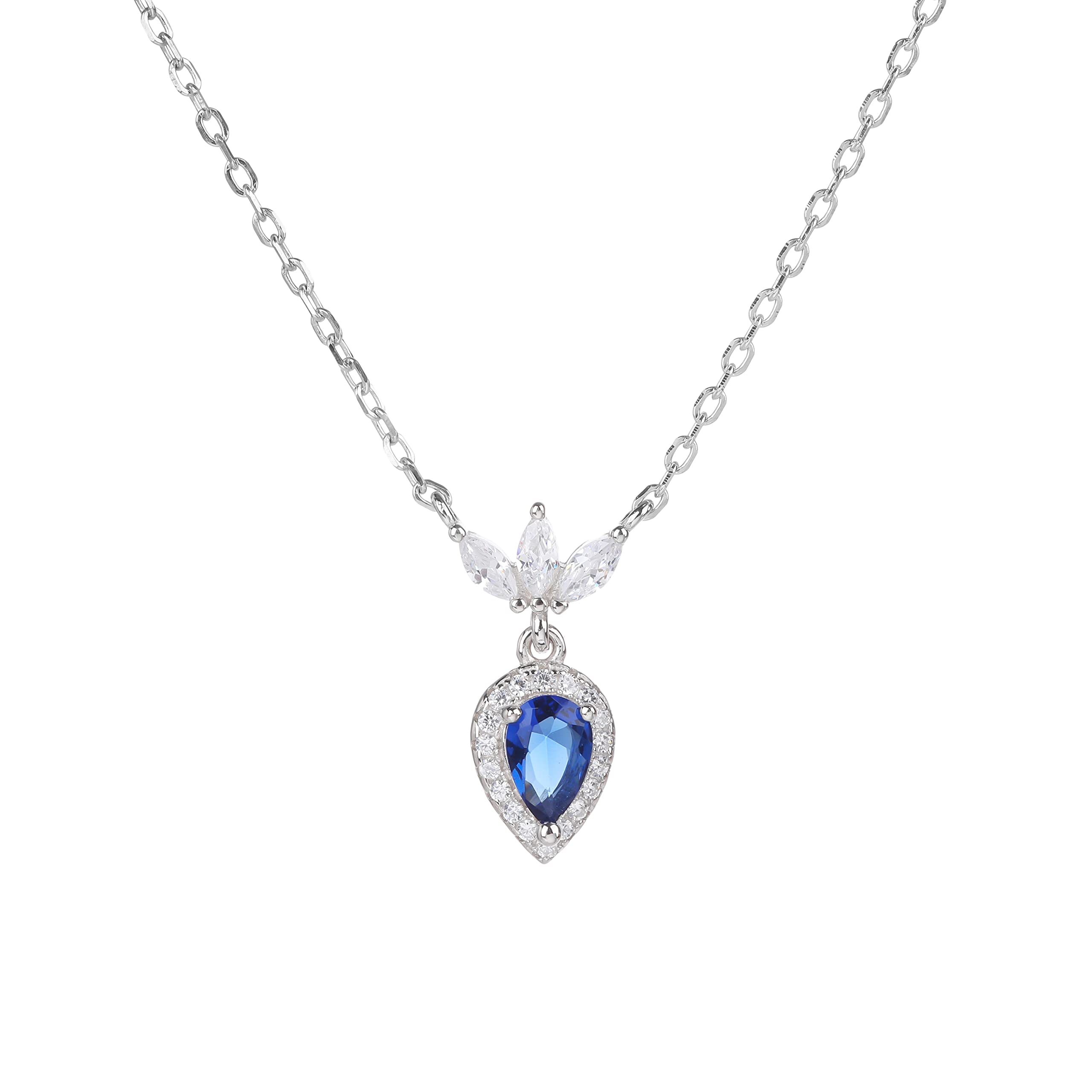 GUAHONS Flyastar S925 Sterling Silver Rhinestone Cluster Zircon Drop Shape Pop Pendant Fashion Simple Style Shining Clavicle Chain Ladies Necklace(Sapphire)