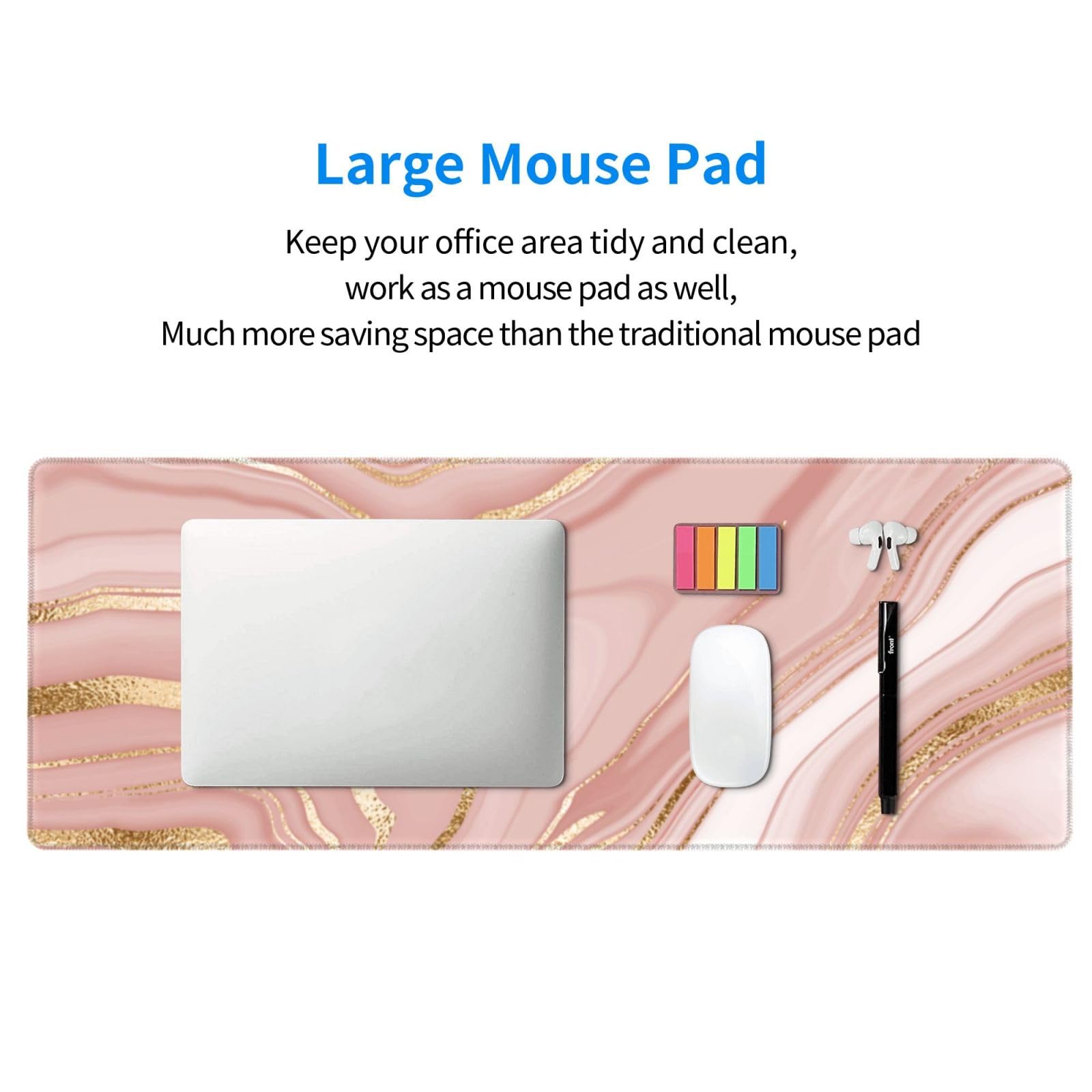 Alfombrilla de mouse grande de mármol largo para juegos para el hogar y la oficina, 31.5 x 11.8 pulgadas (mármol rosa a rayas doradas)