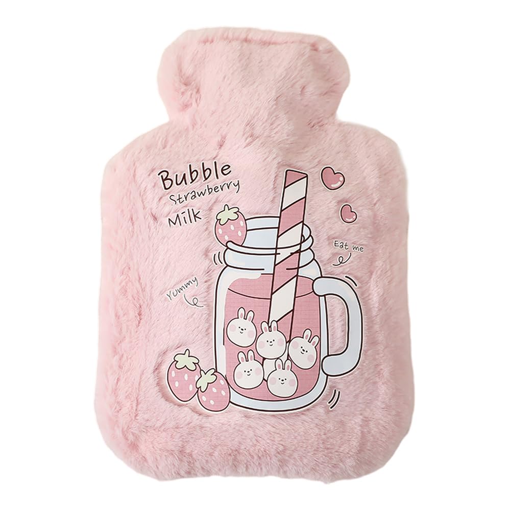 Cute Hot Water Bottles, 1L (34oz) Durable Large Hot Water Bag with Cartoon Faux Fur Plush Cover for Hot and Cold Compress Hand Feet Warmer Hand Warmer for Neck and Shoulder