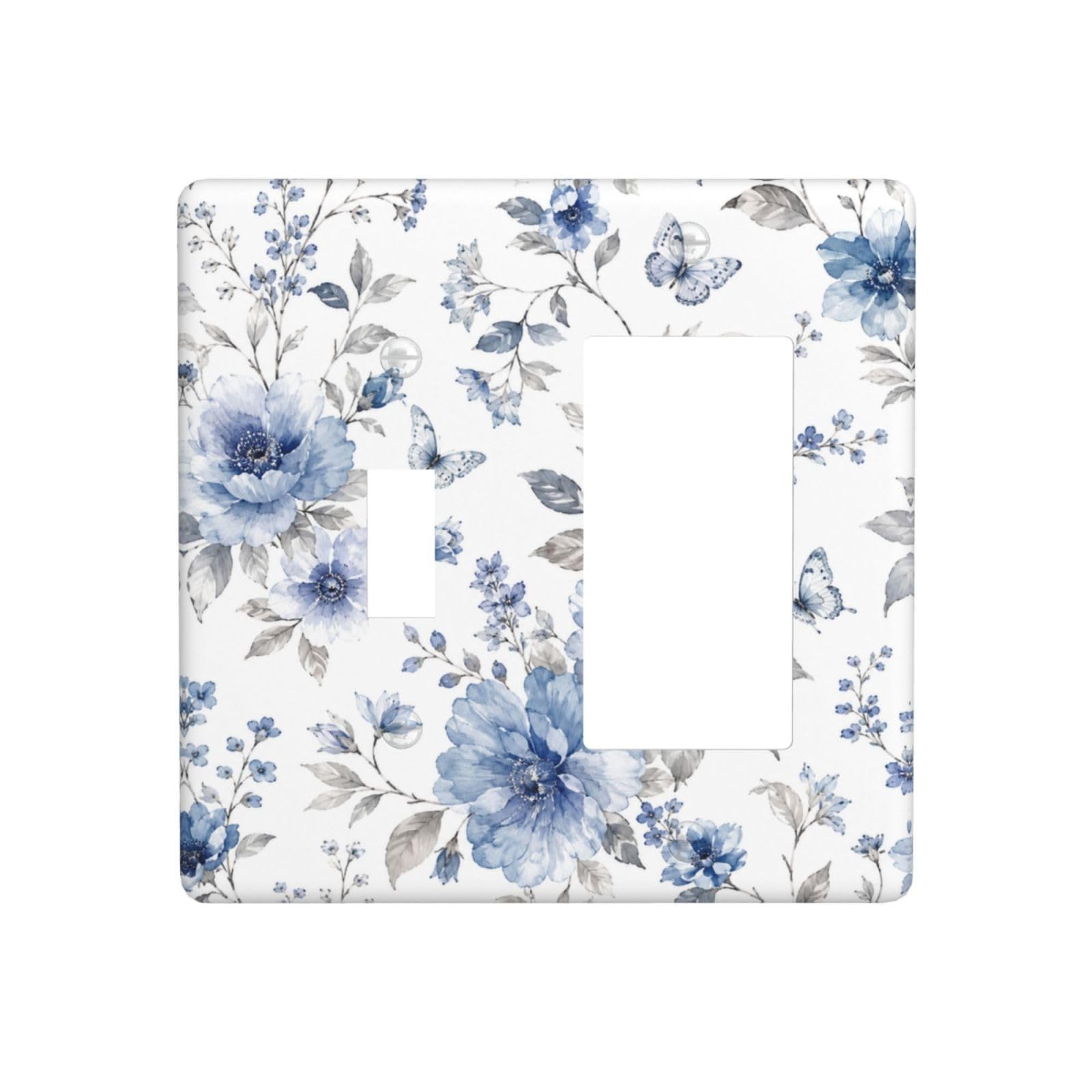 Dwbguo Decorative Outlet Covers Watercolor Blue Floral Butterfly 2-Gang 1-Gang Wall Plate Single Toggle/Rocker Vintage Botanical Flower Light Switch Covers Switch Plate Cover for Bedroom Home Decor