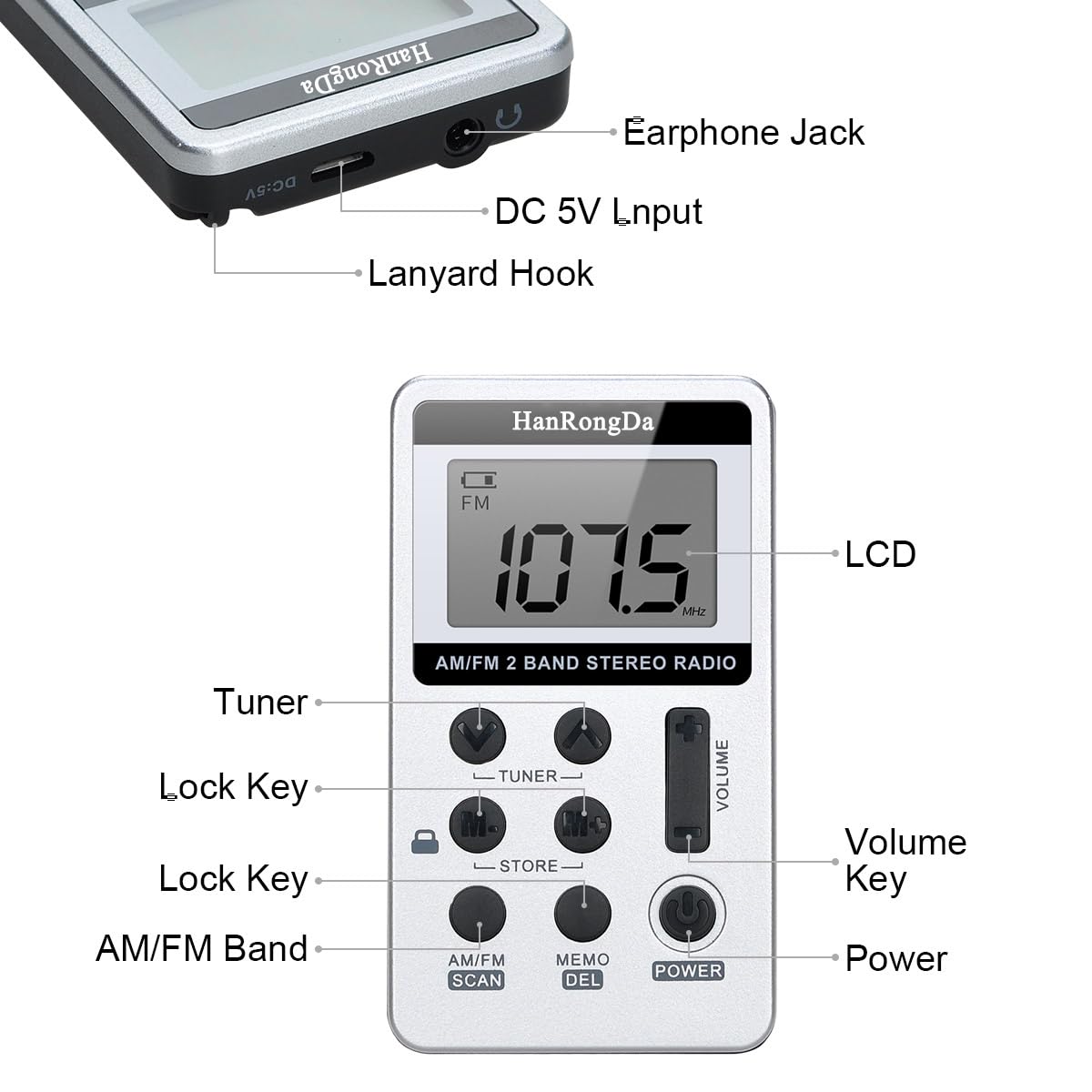 HanRongDa HRD-103 AM Digital 2 Band Stereo Portable Pocket W/ Headphones LCD Screen Rechargeable Battery Lanyard Silver - View #6
