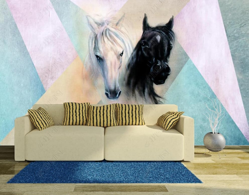 Papier peint intissé cheval blanc et noir triangle grand format 450x315 cm