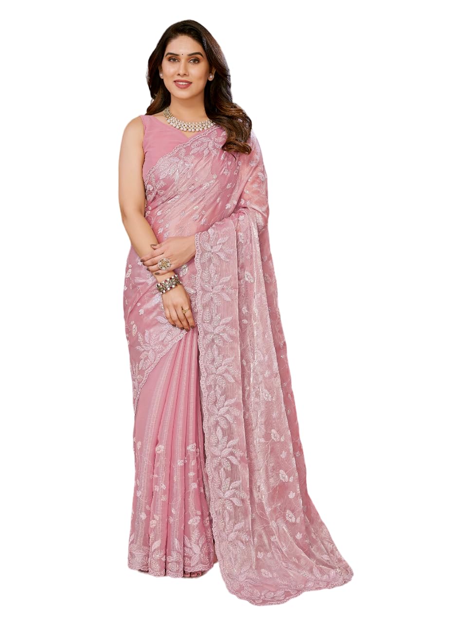 VAIRAGEE Women Soft Burberry Floral Pattern Stylish Embroidery Saree (6208)