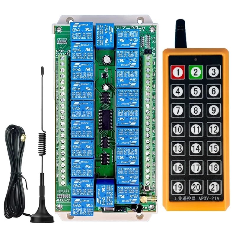 DC12V/24V 21CH 433MHz RF - Interruptor remoto inalámbrico receptor y transmisor con antena de succión para luces LED, motores y aplicaciones industriales 20 ~ 300 m (A-Set 12 V)