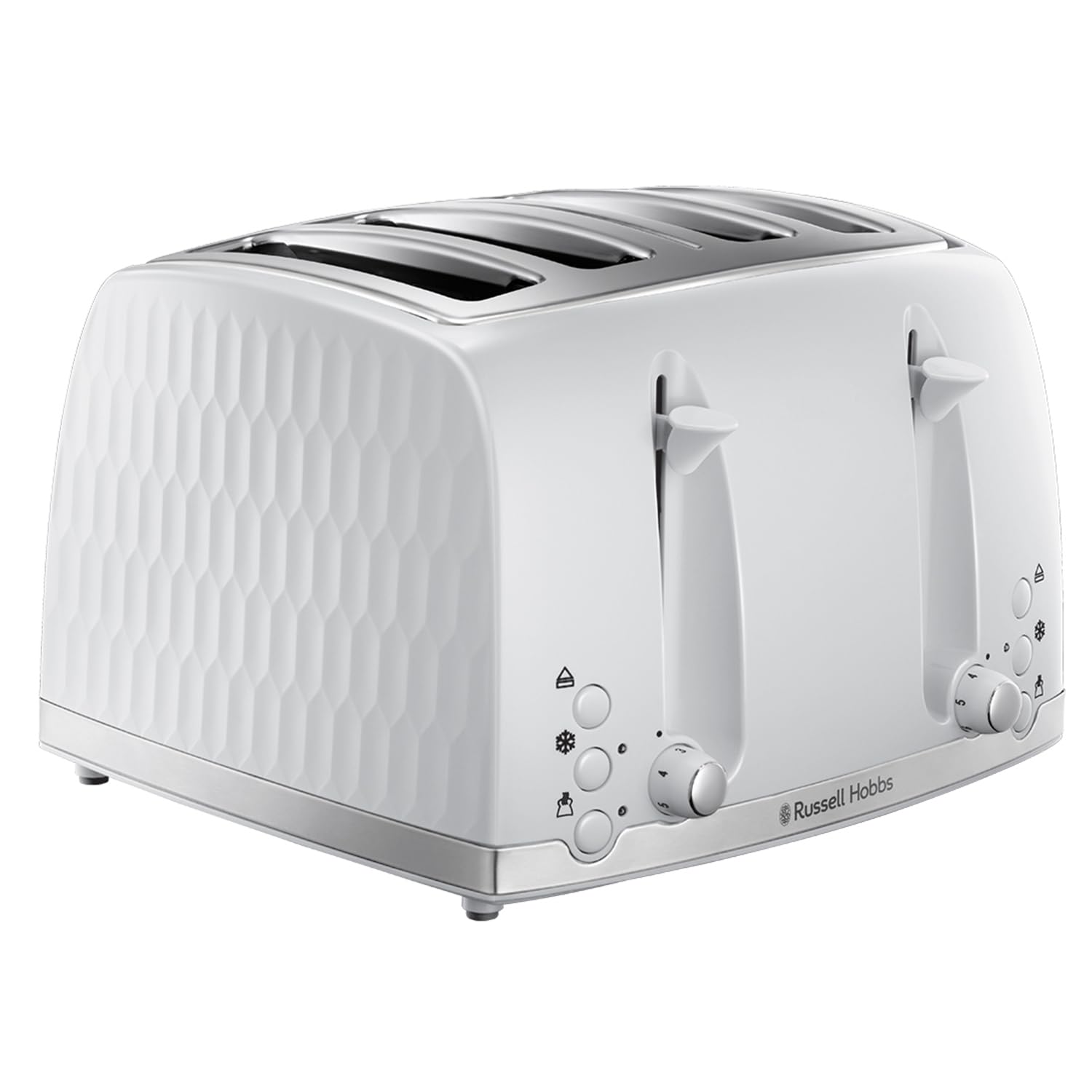 Russell Hobbs Honeycomb 4 Slice Toaster (Independent & Extra wide slots with high lift, 6 Browning levels, Frozen/Cancel/Reheat function, Removable crumb tray, 1500W, White textured high gloss) 26070
