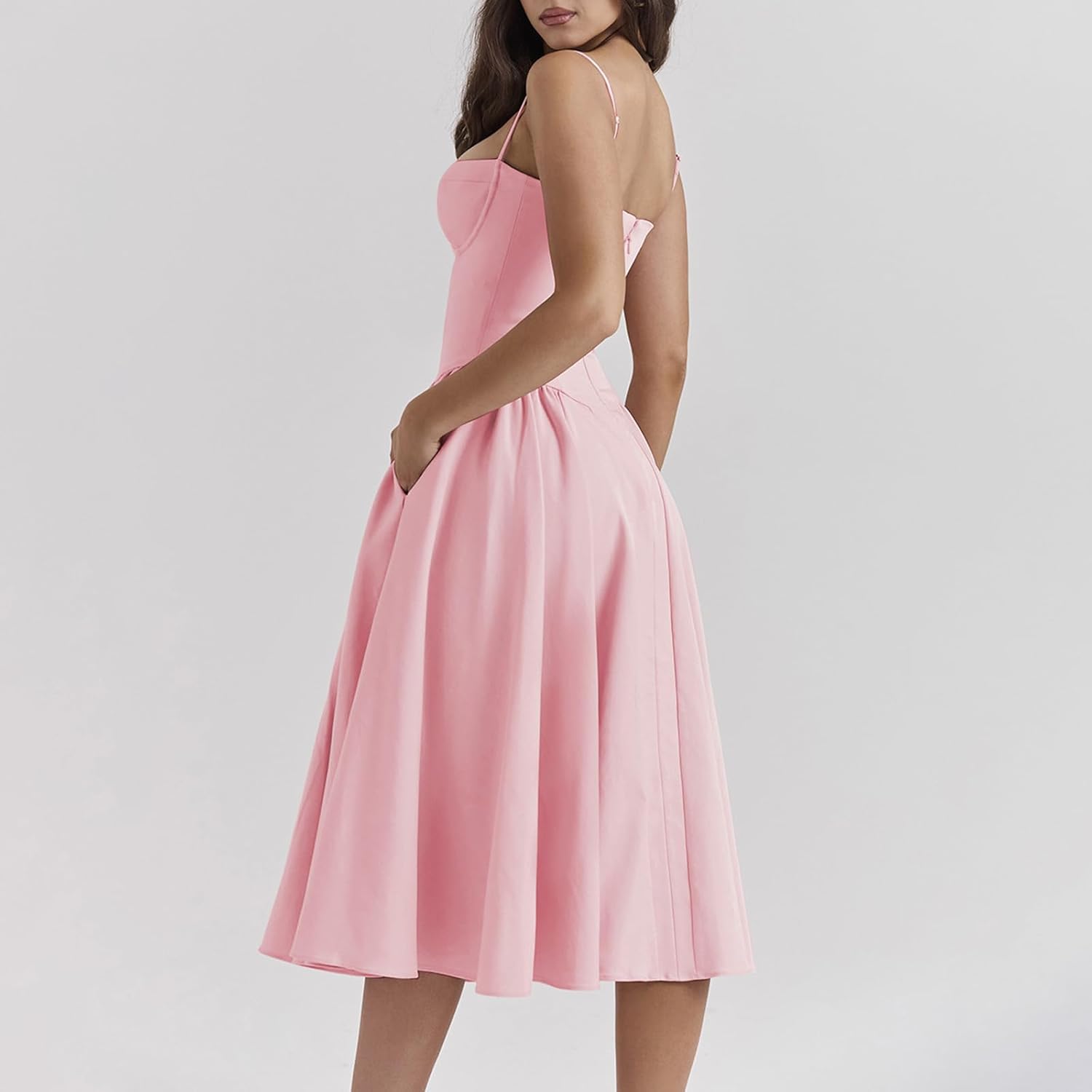 Women's Corset Dress Vintage Spaghetti Strap A-Line Midi Elegant Bustier Cocktail Party Evening Tea Dresses Pocket - Image 4